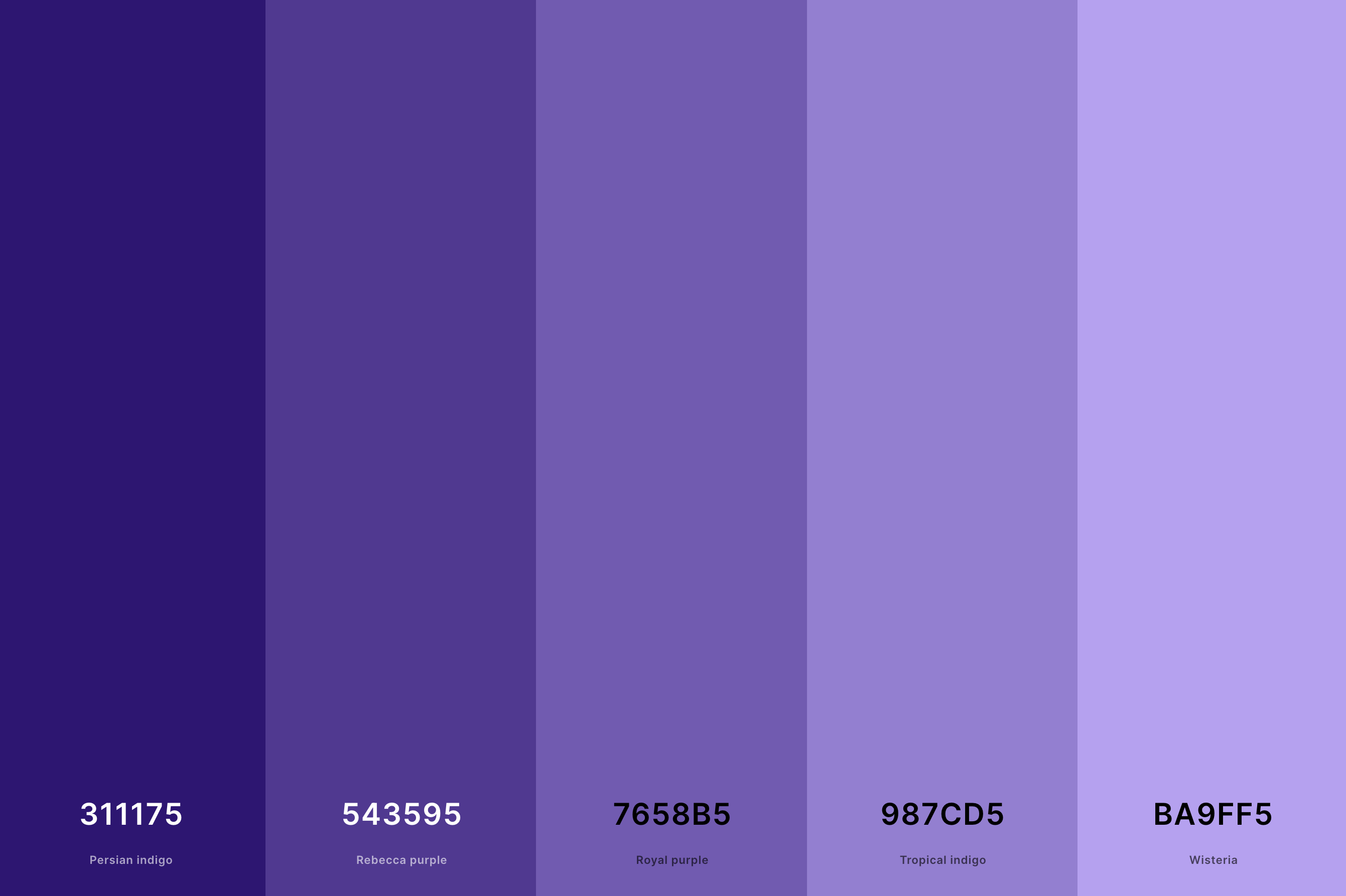 26. Persian Indigo Color Palette Color Palette with Persian Indigo (Hex #311175) + Rebecca Purple (Hex #543595) + Royal Purple (Hex #7658B5) + Tropical Indigo (Hex #987CD5) + Wisteria (Hex #BA9FF5) Color Palette with Hex Codes