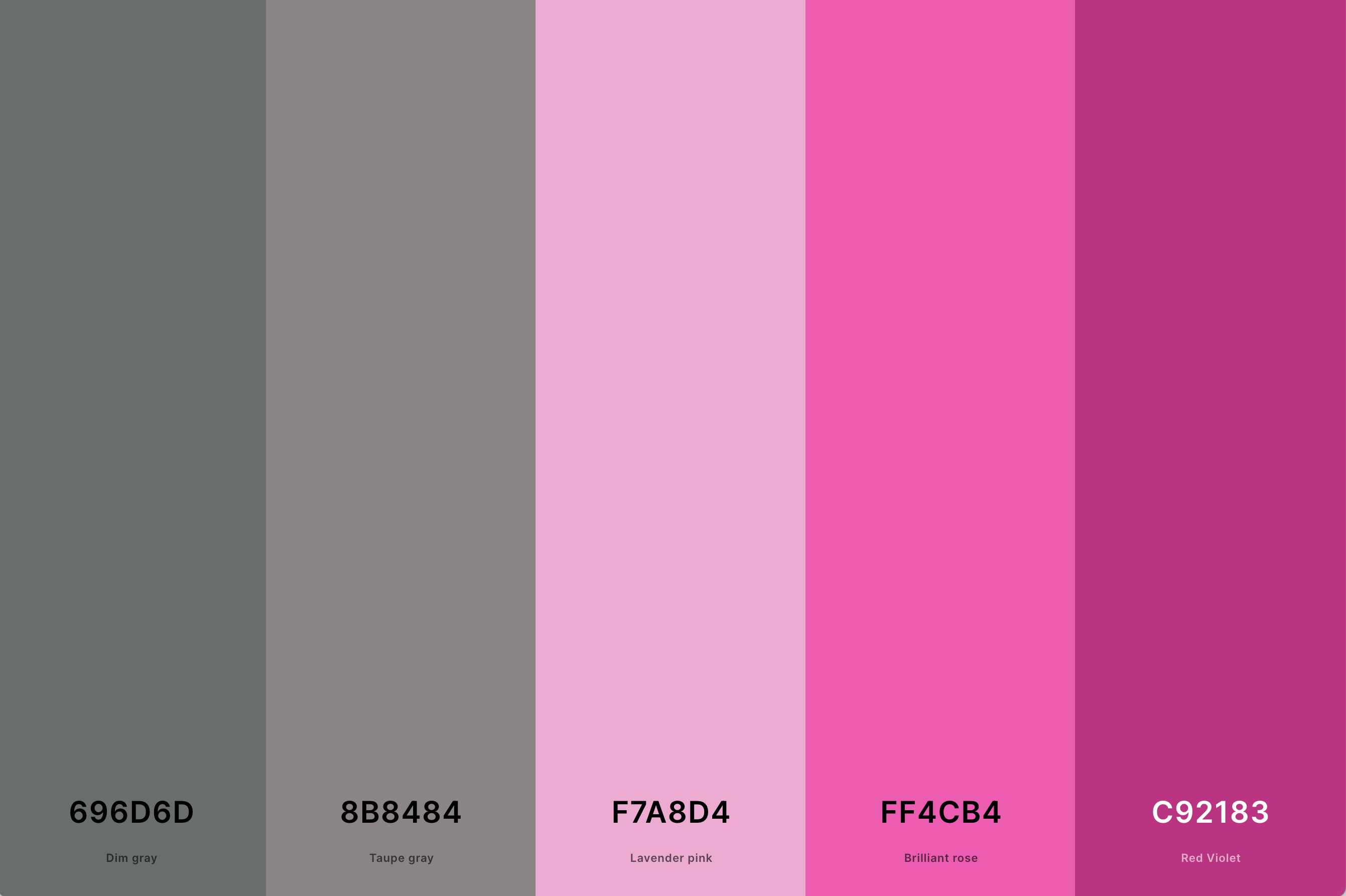 26. Pink And Grey Color Palette Color Palette with Dim Gray (Hex #696D6D) + Taupe Gray (Hex #8B8484) + Lavender Pink (Hex #F7A8D4) + Brilliant Rose (Hex #FF4CB4) + Red Violet (Hex #C92183) Color Palette with Hex Codes