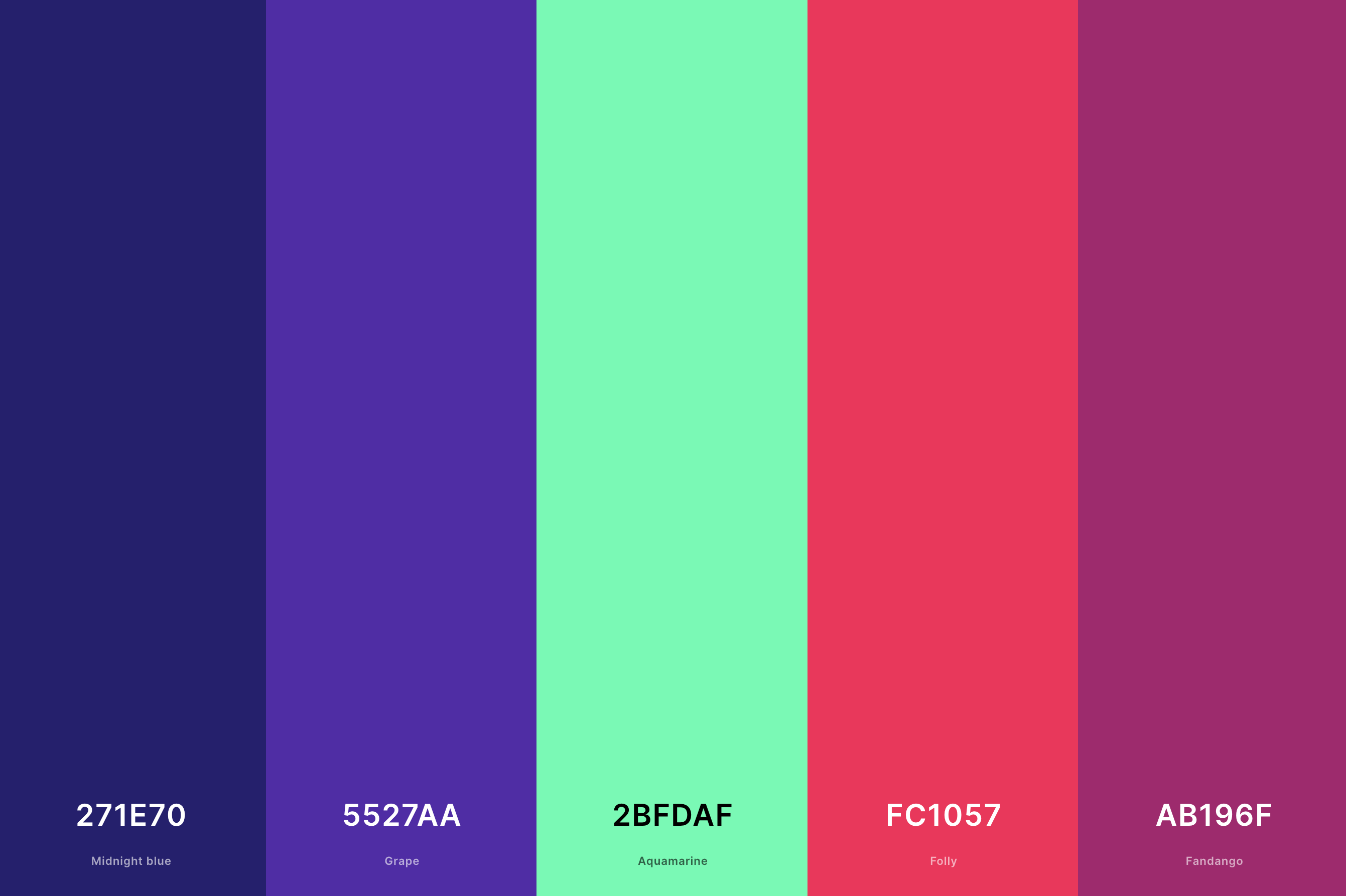 26. Retro Game Color Palette Color Palette with Midnight Blue (Hex #271E70) + Grape (Hex #5527AA) + Aquamarine (Hex #2BFDAF) + Folly (Hex #FC1057) + Fandango (Hex #AB196F) Color Palette with Hex Codes