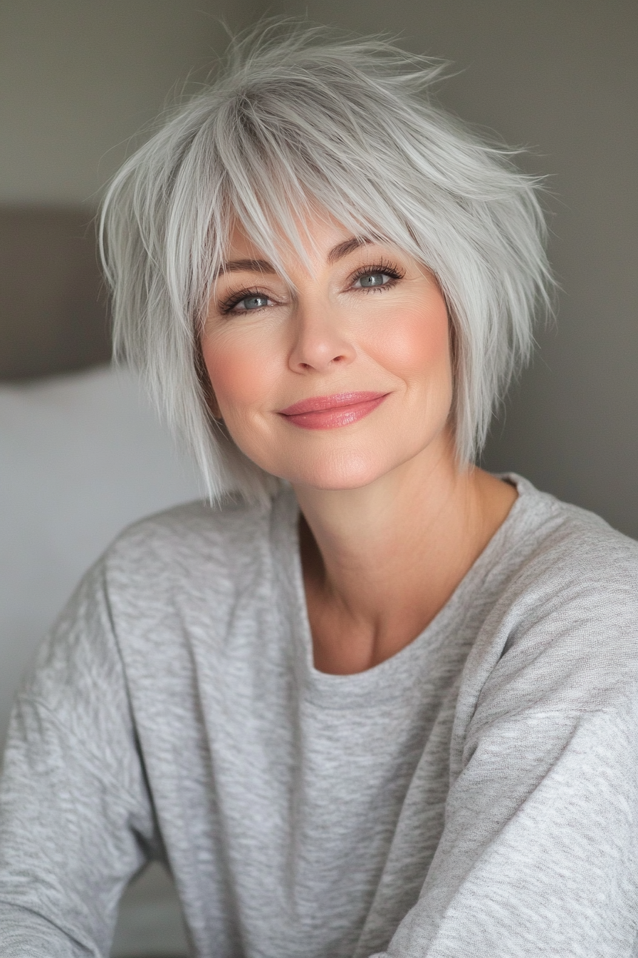 26. Silver Pixie Shag with Choppy Fringe (Shaggy Hairstyles For Older Women) - Shaggy Hairstyles For Older Women