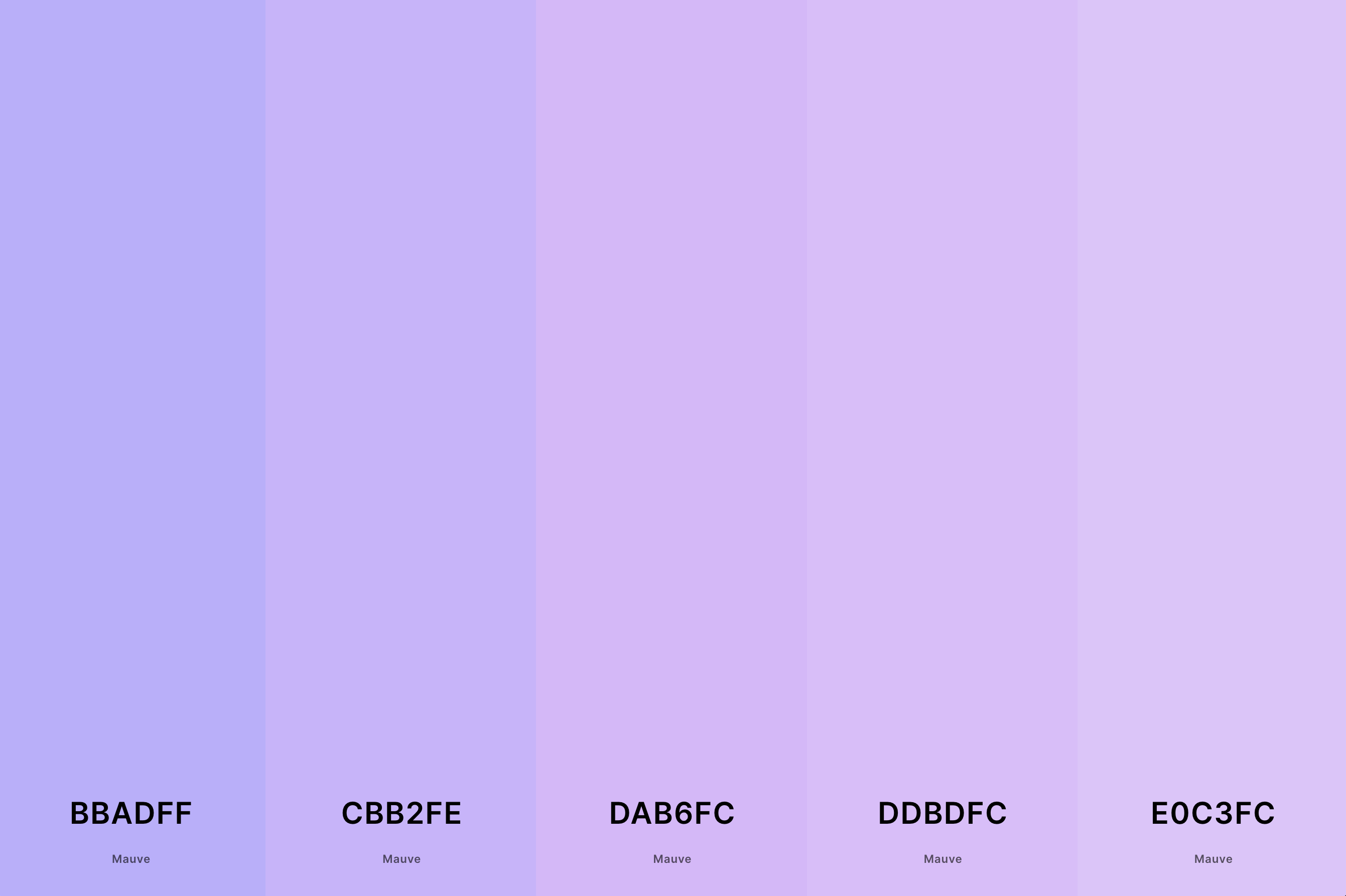 26. Soft Purple Color Palette Color Palette with Mauve (Hex #BBADFF) + Mauve (Hex #CBB2FE) + Mauve (Hex #DAB6FC) + Mauve (Hex #DDBDFC) + Mauve (Hex #E0C3FC) Color Palette with Hex Codes