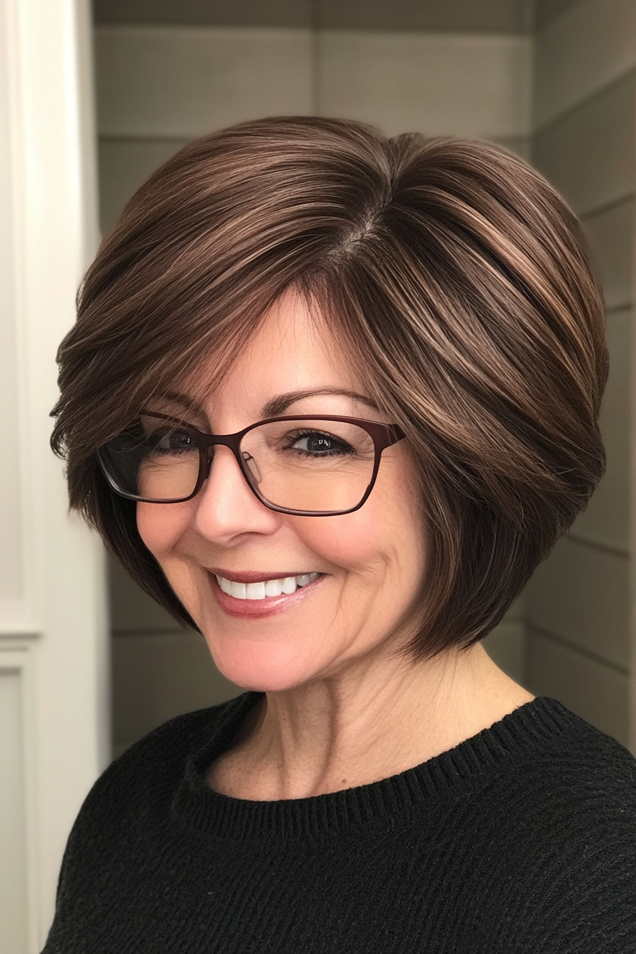 26. Stacked Bob in Deep Chocolate Brown (Short Hairstyles For Older Women With Glasses) - Short Hairstyles For Older Women With Glasses