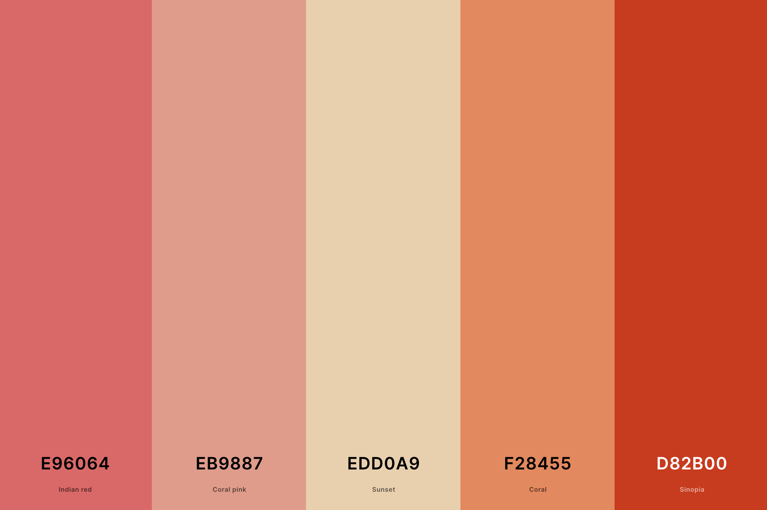 26. Tan And Red Color Palette Color Palette with Indian Red (Hex #E96064) + Coral Pink (Hex #EB9887) + Sunset (Hex #EDD0A9) + Coral (Hex #F28455) + Sinopia (Hex #D82B00) Color Palette with Hex Codes