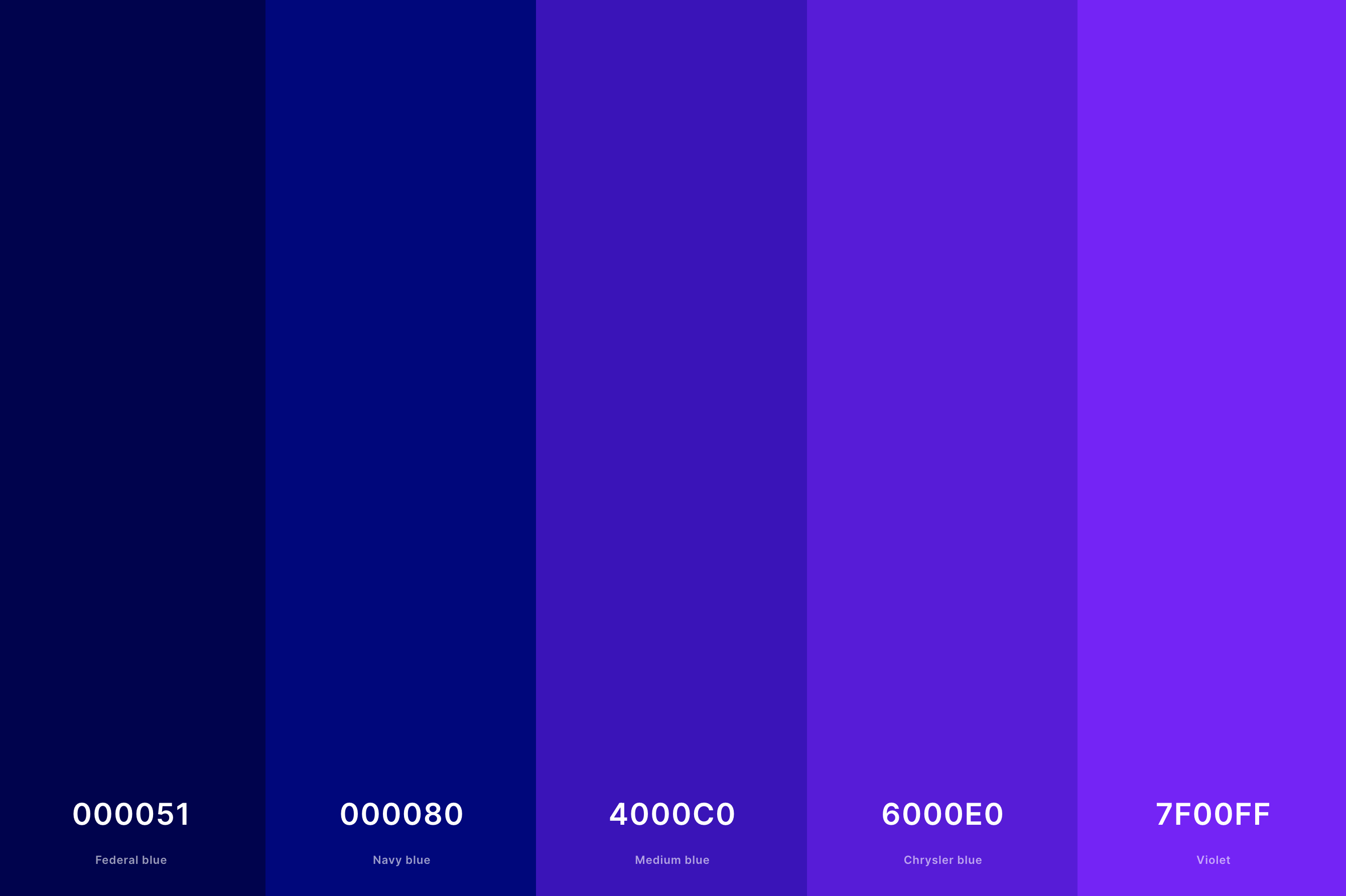 26. Violet And Navy Blue Color Palette Color Palette with Federal Blue (Hex #000051) + Navy Blue (Hex #000080) + Medium Blue (Hex #4000C0) + Chrysler Blue (Hex #6000E0) + Violet (Hex #7F00FF) Color Palette with Hex Codes