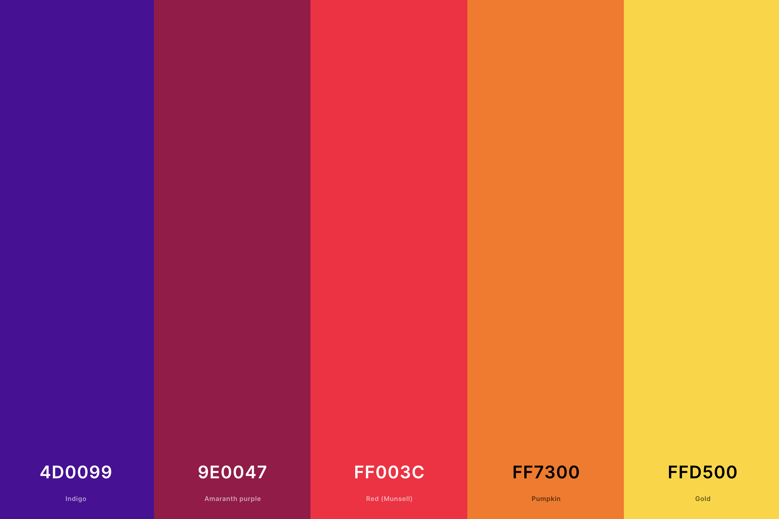 27. 80s Sunset Color Palette Color Palette with Indigo (Hex #4D0099) + Amaranth Purple (Hex #9E0047) + Red (Munsell) (Hex #FF003C) + Pumpkin (Hex #FF7300) + Gold (Hex #FFD500) Color Palette with Hex Codes