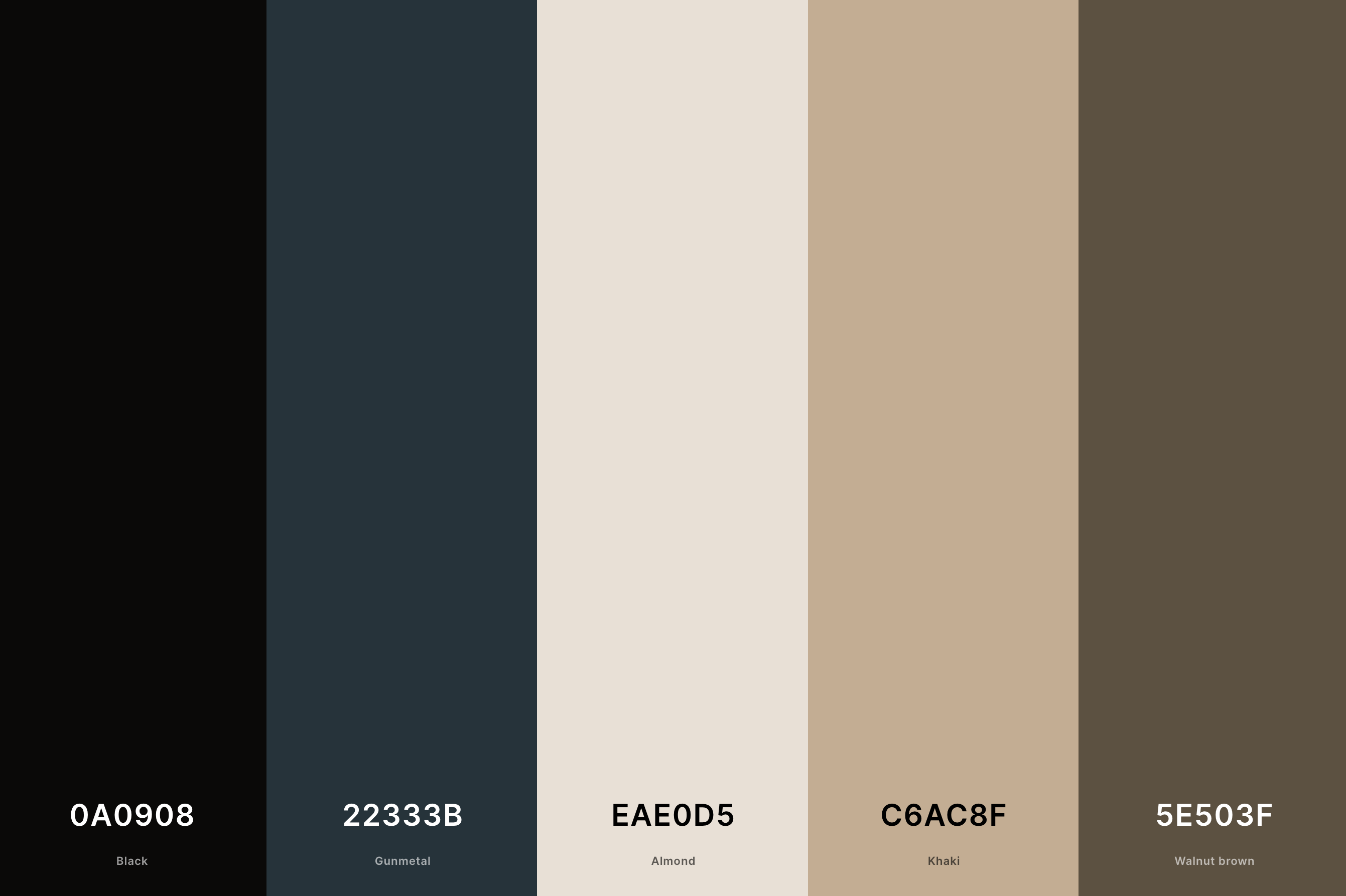 27. Aesthetic Neutral Color Palette Color Palette with Black (Hex #0A0908) + Gunmetal (Hex #22333B) + Almond (Hex #EAE0D5) + Khaki (Hex #C6AC8F) + Walnut Brown (Hex #5E503F) Color Palette with Hex Codes