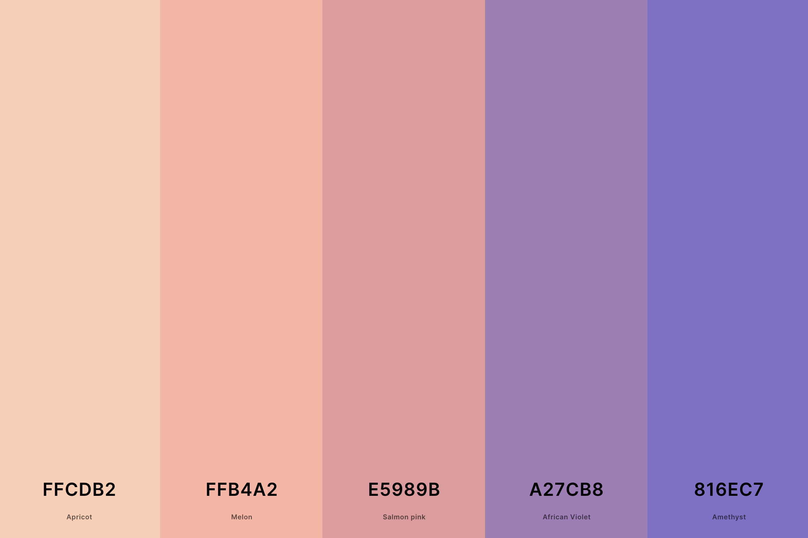27. Aesthetic Sunset Color Palette Color Palette with Apricot (Hex #FFCDB2) + Melon (Hex #FFB4A2) + Salmon Pink (Hex #E5989B) + African Violet (Hex #A27CB8) + Amethyst (Hex #816EC7) Color Palette with Hex Codes