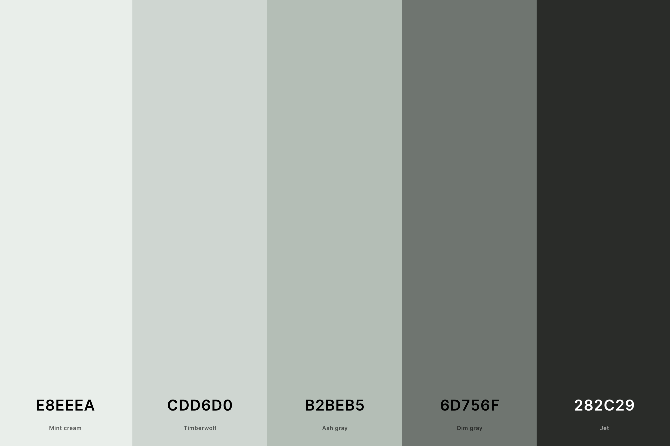 27. Ash Gray Color Palette Color Palette with Mint Cream (Hex #E8EEEA) + Timberwolf (Hex #CDD6D0) + Ash Gray (Hex #B2BEB5) + Dim Gray (Hex #6D756F) + Jet (Hex #282C29) Color Palette with Hex Codes