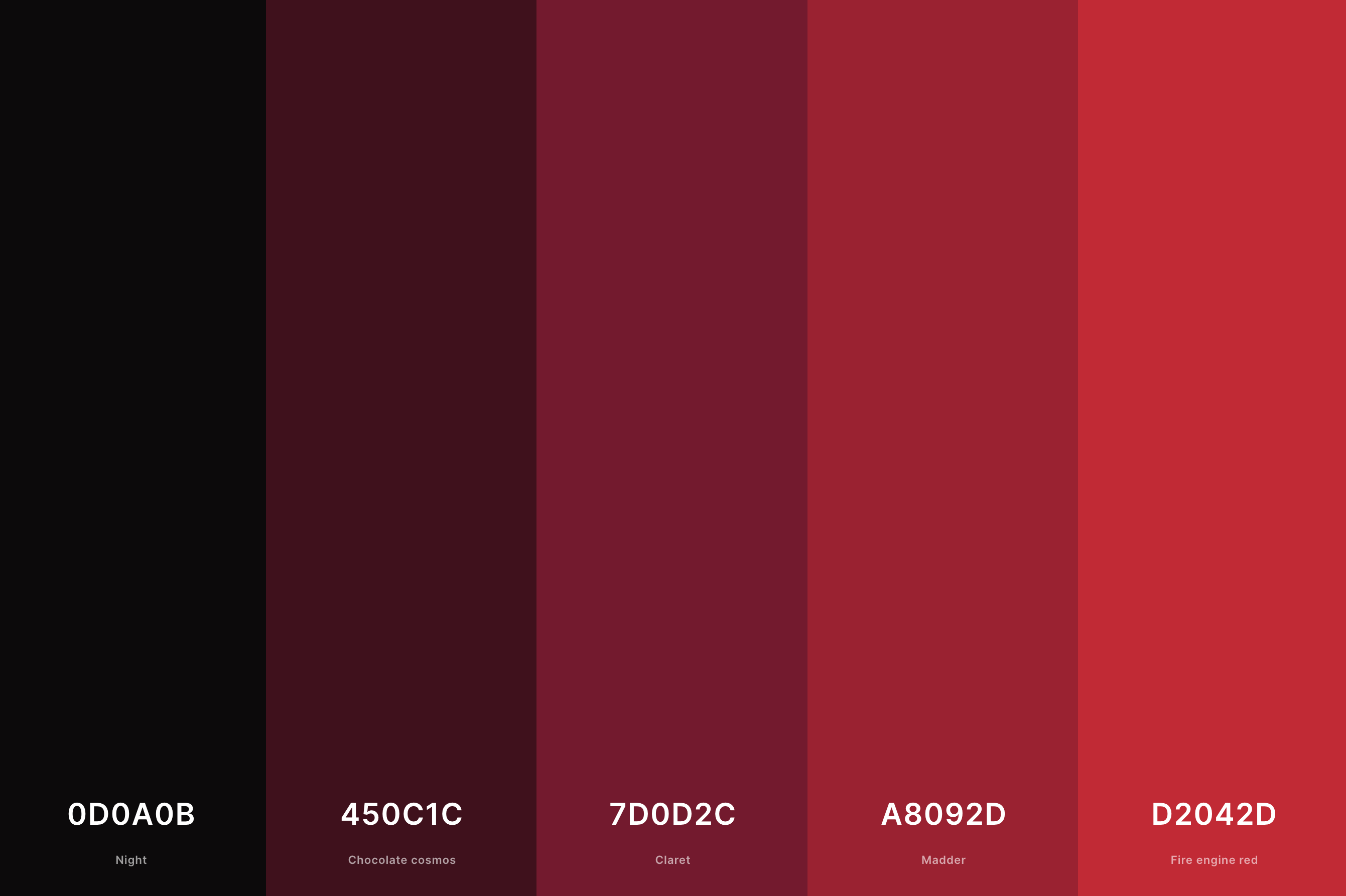 27. Black Cherry Color Palette Color Palette with Night (Hex #0D0A0B) + Chocolate Cosmos (Hex #450C1C) + Claret (Hex #7D0D2C) + Madder (Hex #A8092D) + Fire Engine Red (Hex #D2042D) Color Palette with Hex Codes