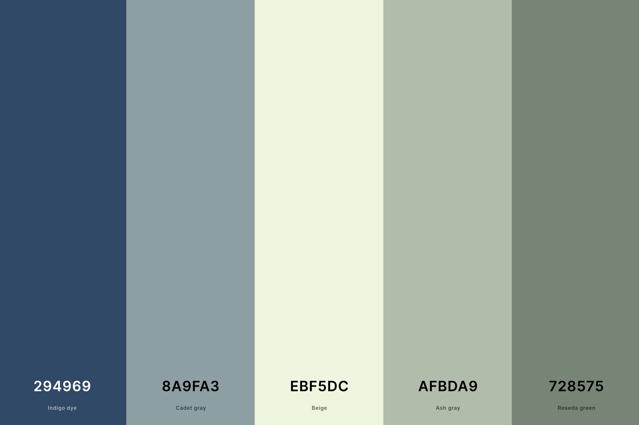 27. Cool Beige Color Palette Color Palette with Indigo Dye (Hex #294969) + Cadet Gray (Hex #8A9FA3) + Beige (Hex #EBF5DC) + Ash Gray (Hex #AFBDA9) + Reseda Green (Hex #728575) Color Palette with Hex Codes