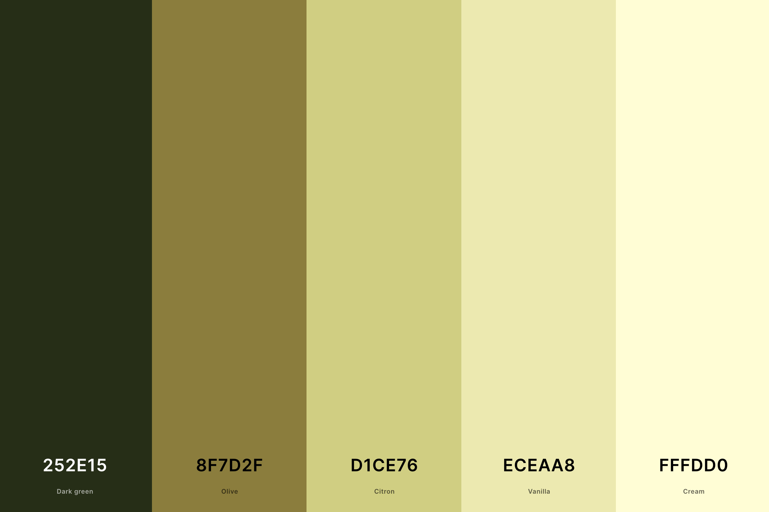 27. Cream And Olive Green Color Palette Color Palette with Dark Green (Hex #252E15) + Olive (Hex #8F7D2F) + Citron (Hex #D1CE76) + Vanilla (Hex #ECEAA8) + Cream (Hex #FFFDD0) Color Palette with Hex Codes
