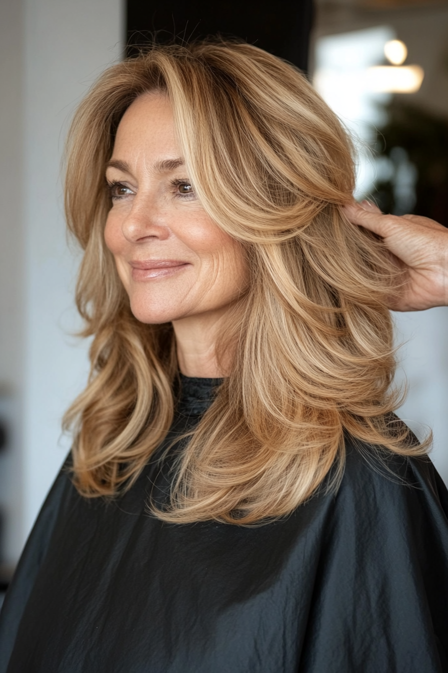 27. Honey Blonde Wavy Shag (Hairstyles For Women Over 50 With Long Hair) - Hairstyles For Women Over 50 With Long Hair