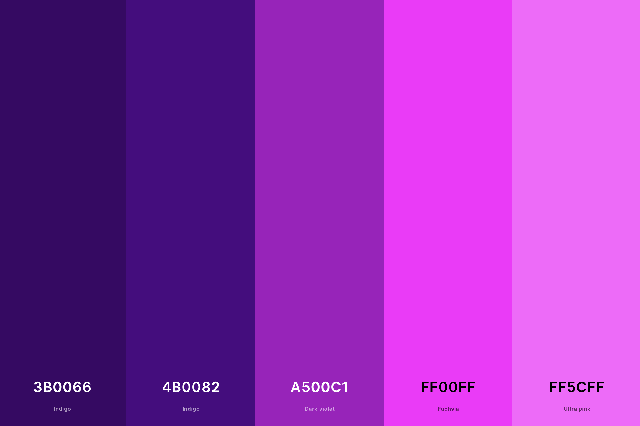 27. Indigo And Magenta Color Palette Color Palette with Indigo (Hex #3B0066) + Indigo (Hex #4B0082) + Dark Violet (Hex #A500C1) + Magenta (Hex #FF00FF) + Ultra Pink (Hex #FF5CFF) Color Palette with Hex Codes