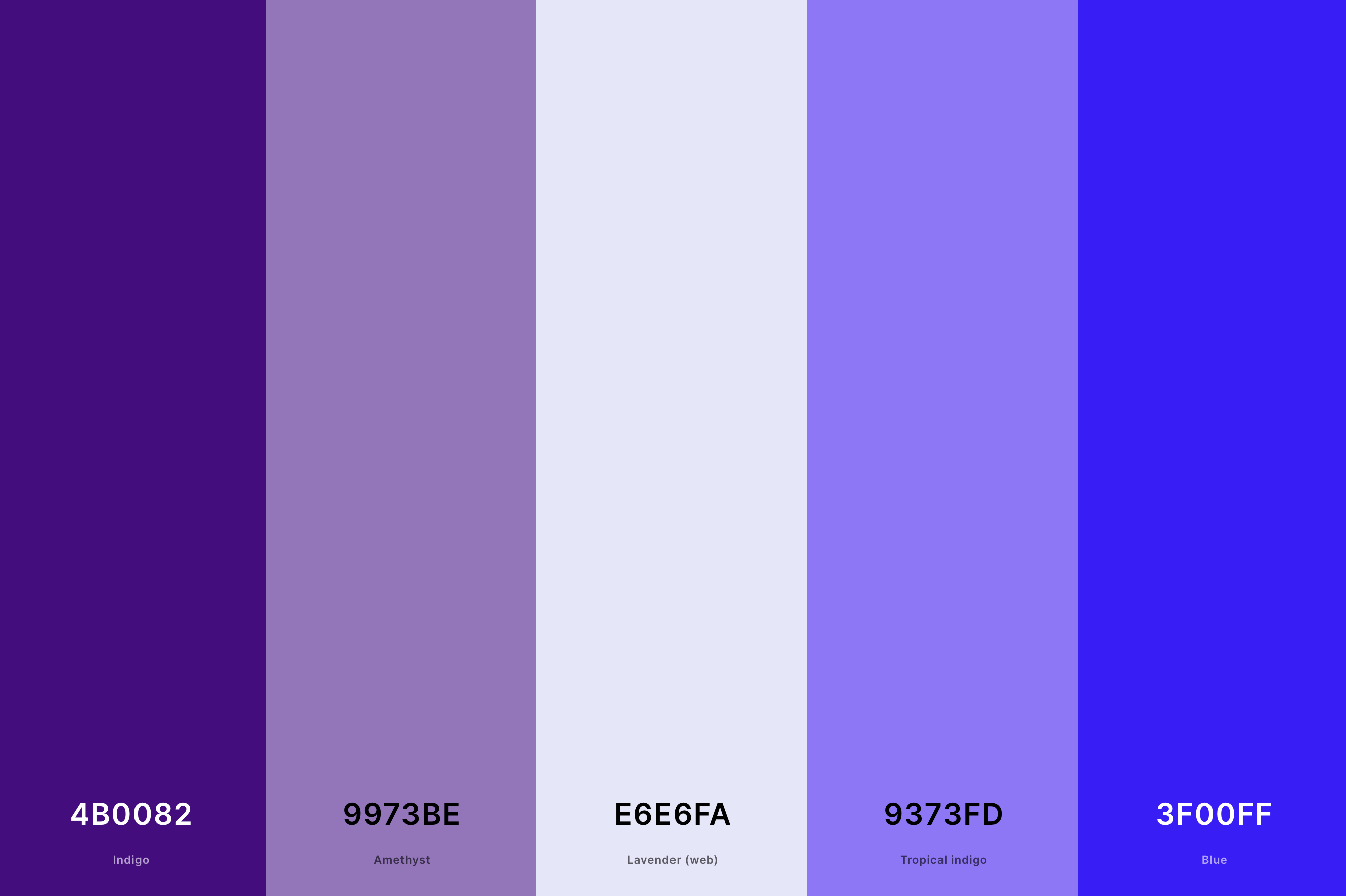 27. Lavender And Indigo Color Palette Color Palette with Indigo (Hex #4B0082) + Amethyst (Hex #9973BE) + Lavender (Web) (Hex #E6E6FA) + Tropical Indigo (Hex #9373FD) + Blue (Hex #3F00FF) Color Palette with Hex Codes