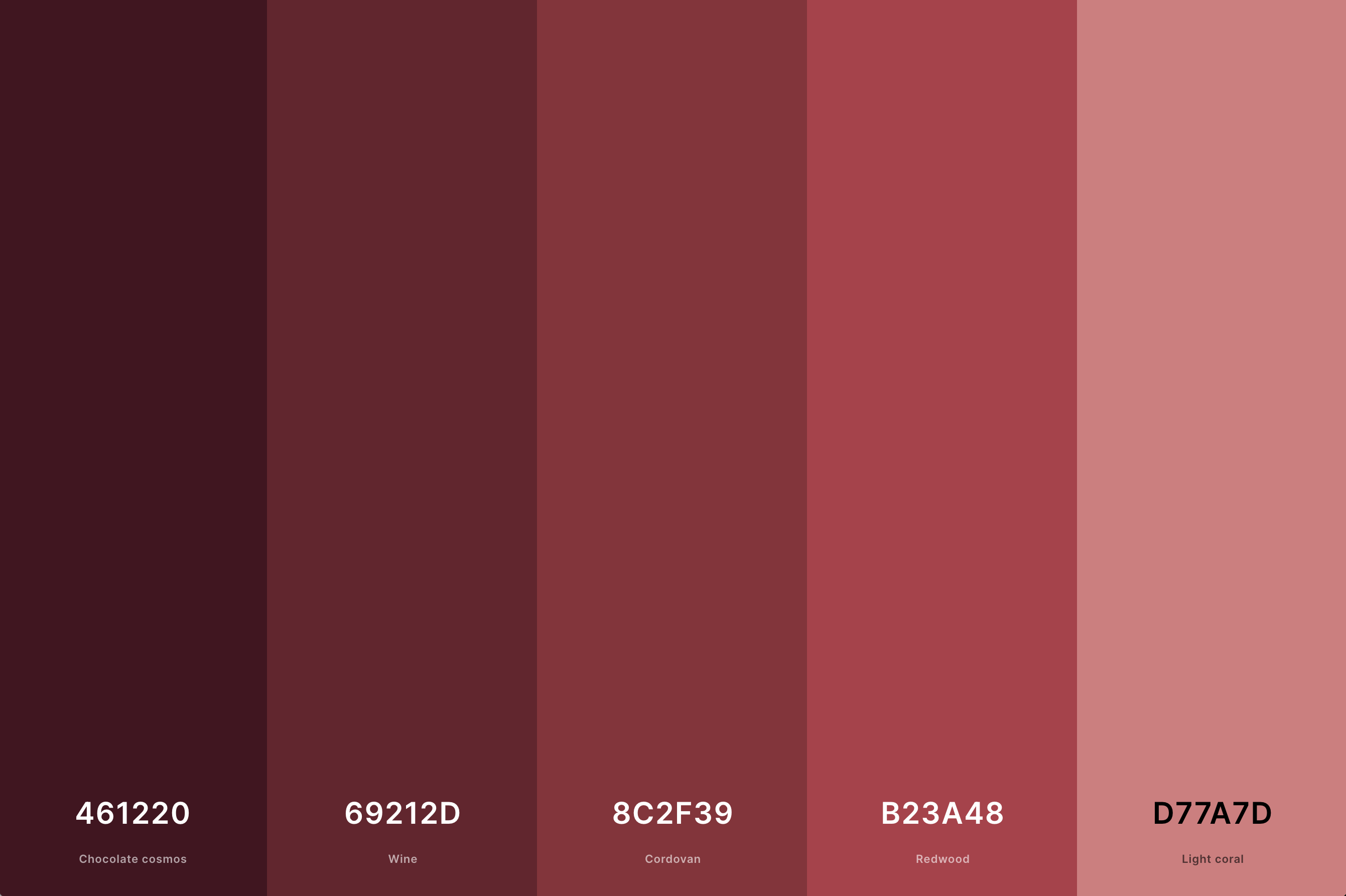 27. Muted Red Color Palette Color Palette with Chocolate Cosmos (Hex #461220) + Wine (Hex #69212D) + Cordovan (Hex #8C2F39) + Redwood (Hex #B23A48) + Light Coral (Hex #D77A7D) Color Palette with Hex Codes