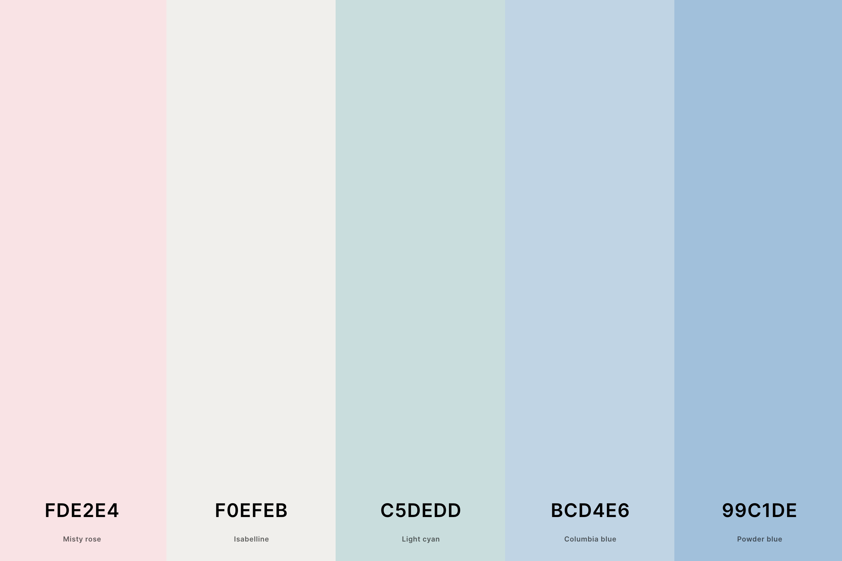 27. Pastel Wedding Color Palette Color Palette with Misty Rose (Hex #FDE2E4) + Isabelline (Hex #F0EFEB) + Light Cyan (Hex #C5DEDD) + Columbia Blue (Hex #BCD4E6) + Powder Blue (Hex #99C1DE) Color Palette with Hex Codes