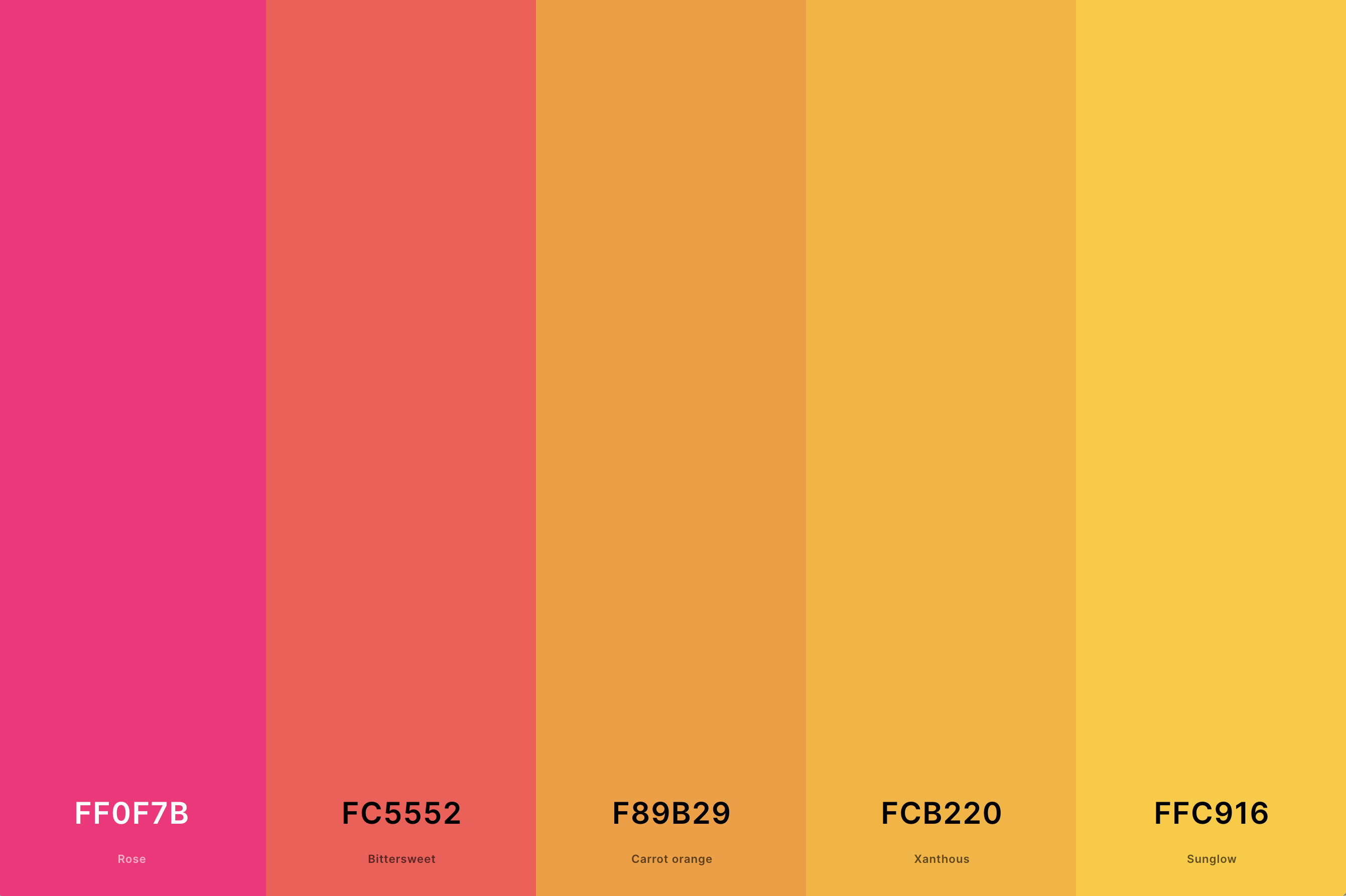 27. Pink, Orange And Yellow Color Palette Color Palette with Rose (Hex #FF0F7B) + Bittersweet (Hex #FC5552) + Carrot Orange (Hex #F89B29) + Xanthous (Hex #FCB220) + Sunglow (Hex #FFC916) Color Palette with Hex Codes