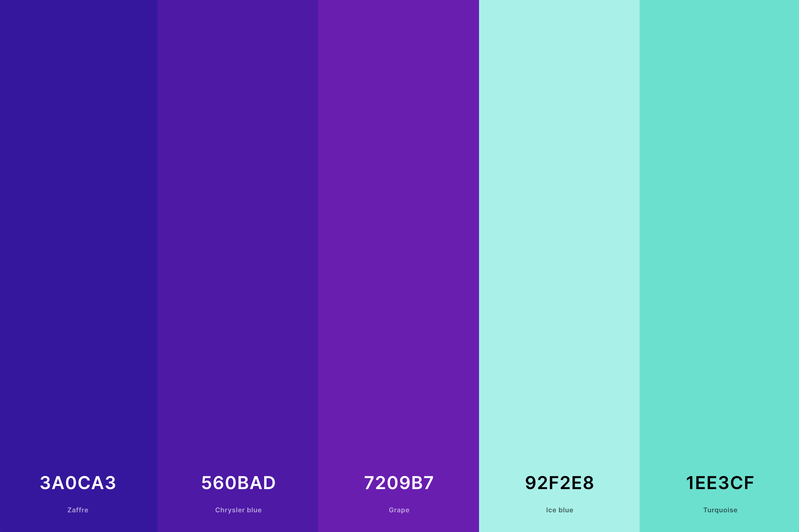 27. Purple And Turquoise Color Palette Color Palette with Zaffre (Hex #3A0CA3) + Chrysler Blue (Hex #560BAD) + Grape (Hex #7209B7) + Ice Blue (Hex #92F2E8) + Turquoise (Hex #1EE3CF) Color Palette with Hex Codes