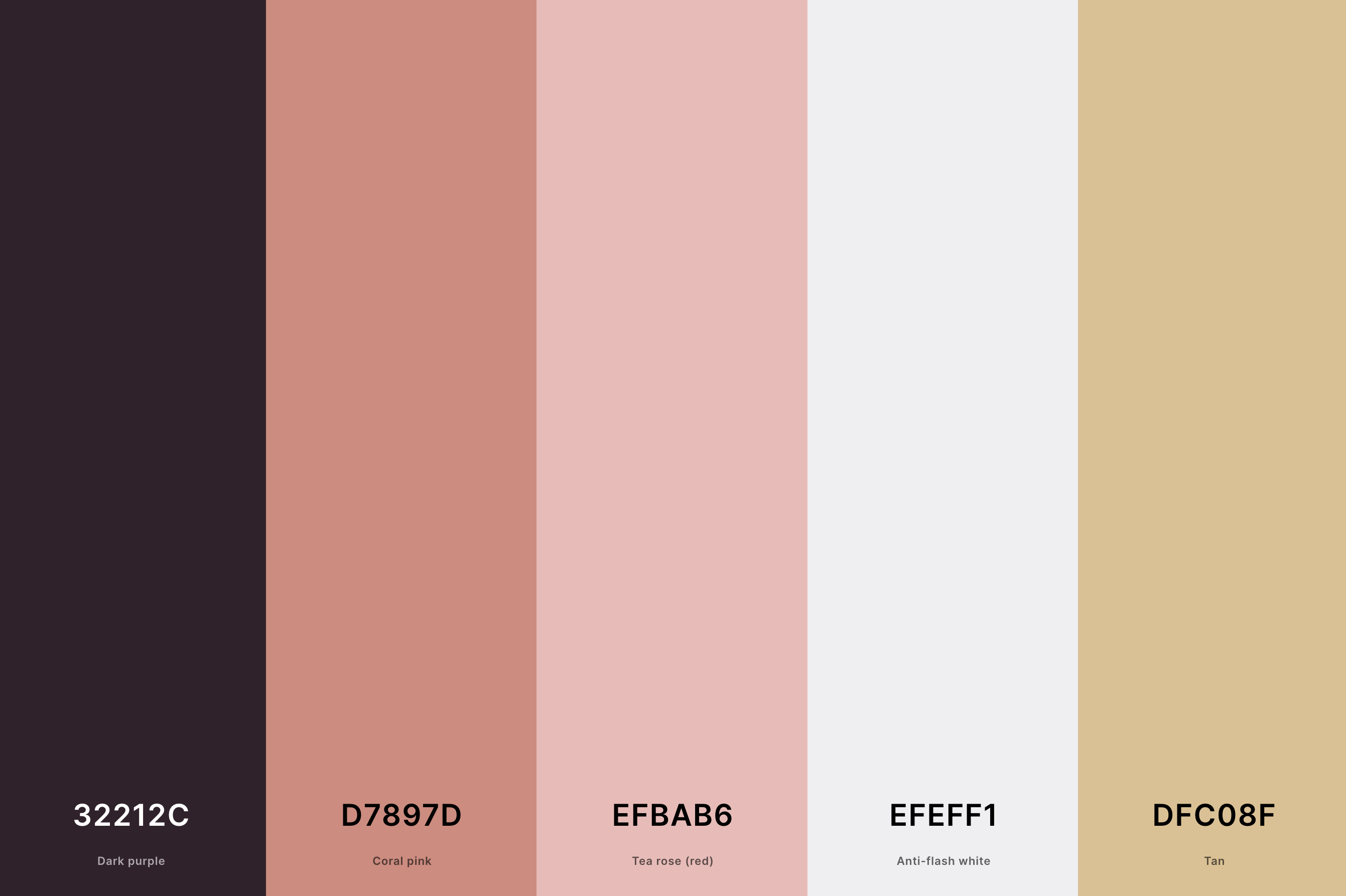 27. Retro Pink Color Palette Color Palette with Dark Purple (Hex #32212C) + Coral Pink (Hex #D7897D) + Tea Rose (Red) (Hex #EFBAB6) + Anti-Flash White (Hex #EFEFF1) + Tan (Hex #DFC08F) Color Palette with Hex Codes