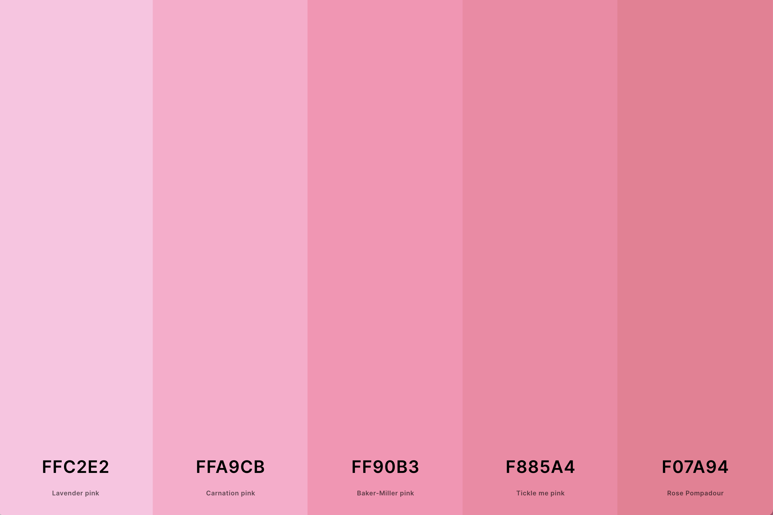 27. Rose Pink Color Palette Color Palette with Lavender Pink (Hex #FFC2E2) + Carnation Pink (Hex #FFA9CB) + Baker-Miller Pink (Hex #FF90B3) + Tickle Me Pink (Hex #F885A4) + Rose Pompadour (Hex #F07A94) Color Palette with Hex Codes