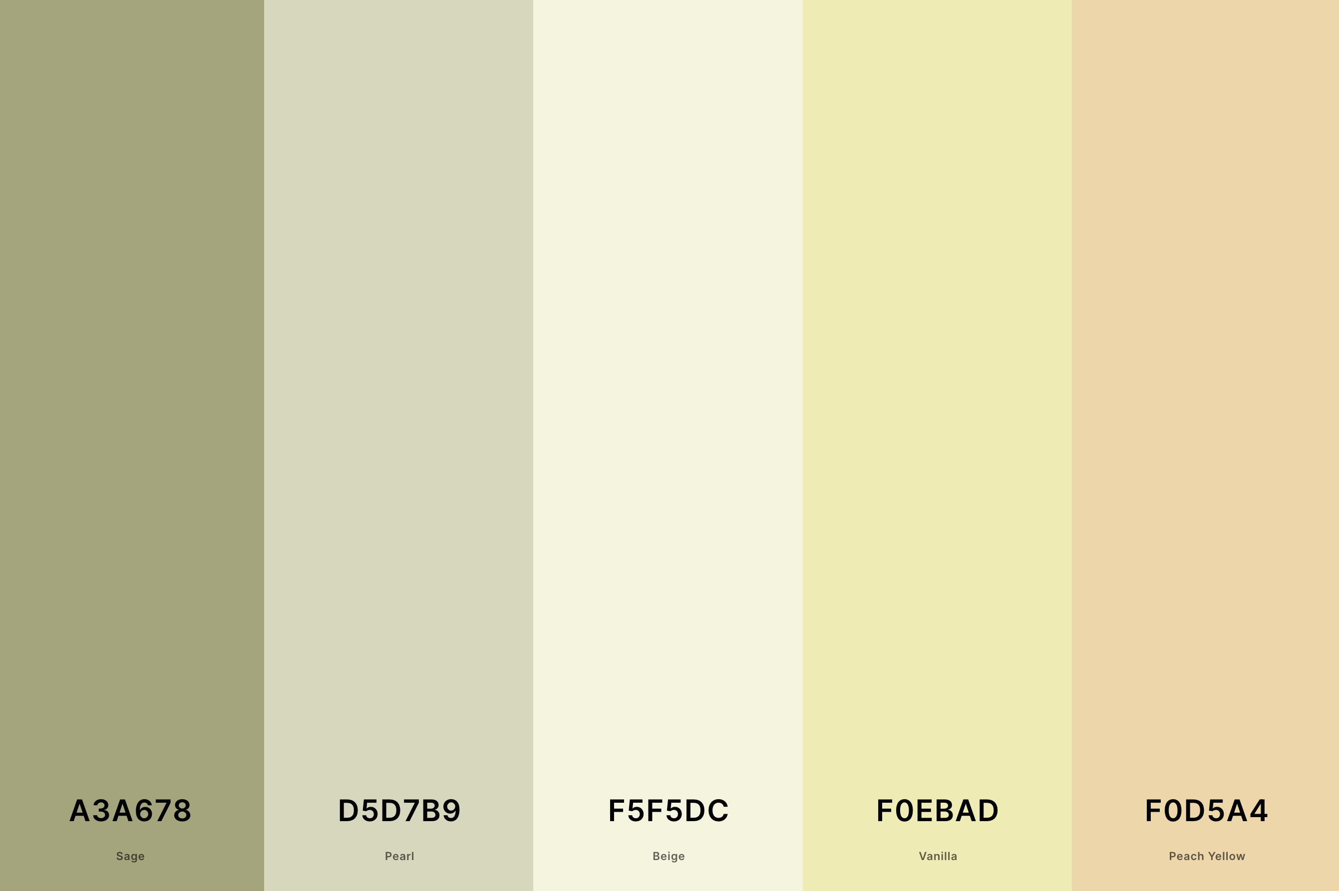 27. Sage Green And Beige Color Palette Color Palette with Sage (Hex #A3A678) + Pearl (Hex #D5D7B9) + Beige (Hex #F5F5DC) + Vanilla (Hex #F0EBAD) + Peach Yellow (Hex #F0D5A4) Color Palette with Hex Codes