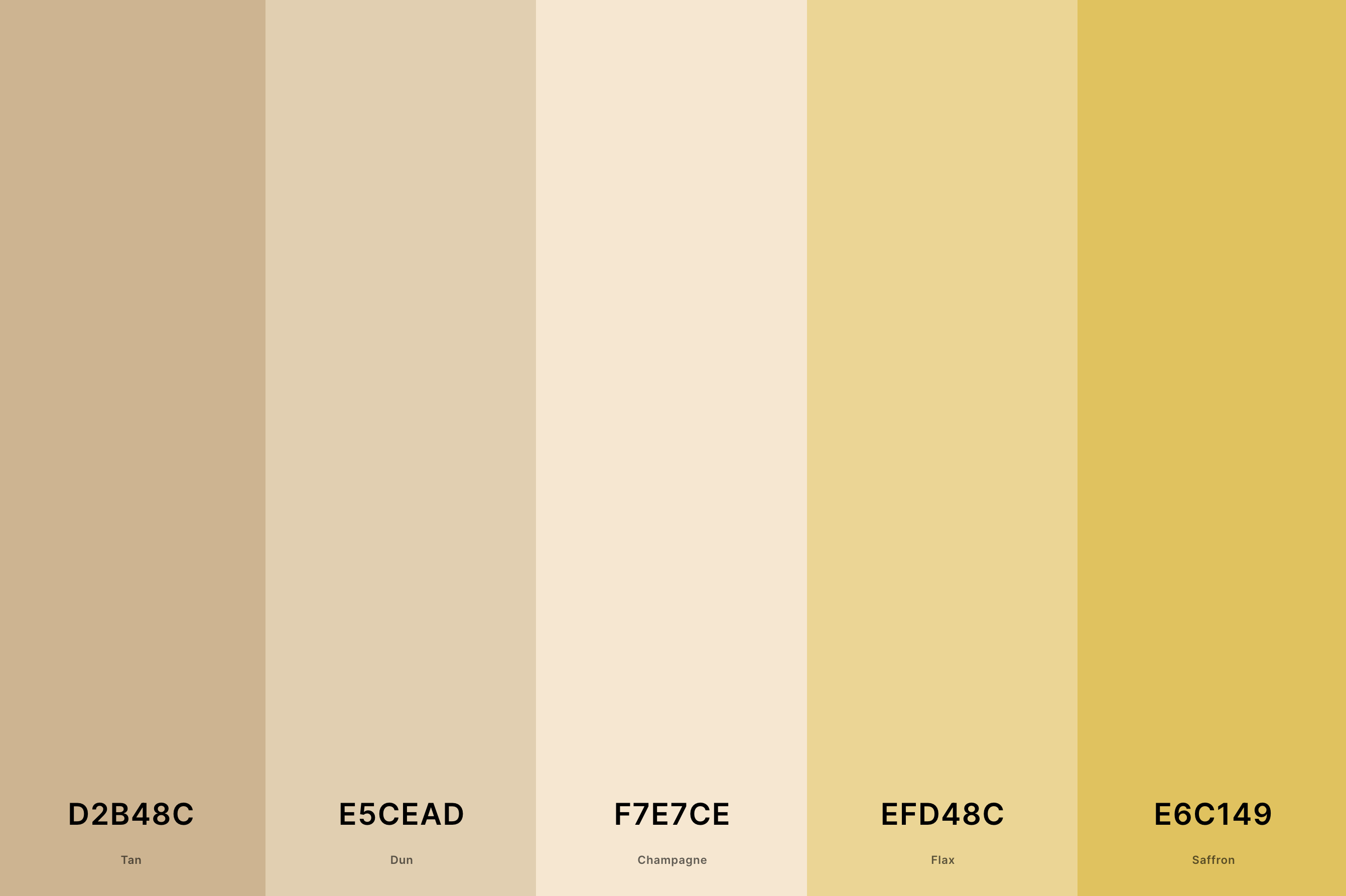 27. Tan And Champagne Color Palette Color Palette with Tan (Hex #D2B48C) + Dun (Hex #E5CEAD) + Champagne (Hex #F7E7CE) + Flax (Hex #EFD48C) + Saffron (Hex #E6C149) Color Palette with Hex Codes