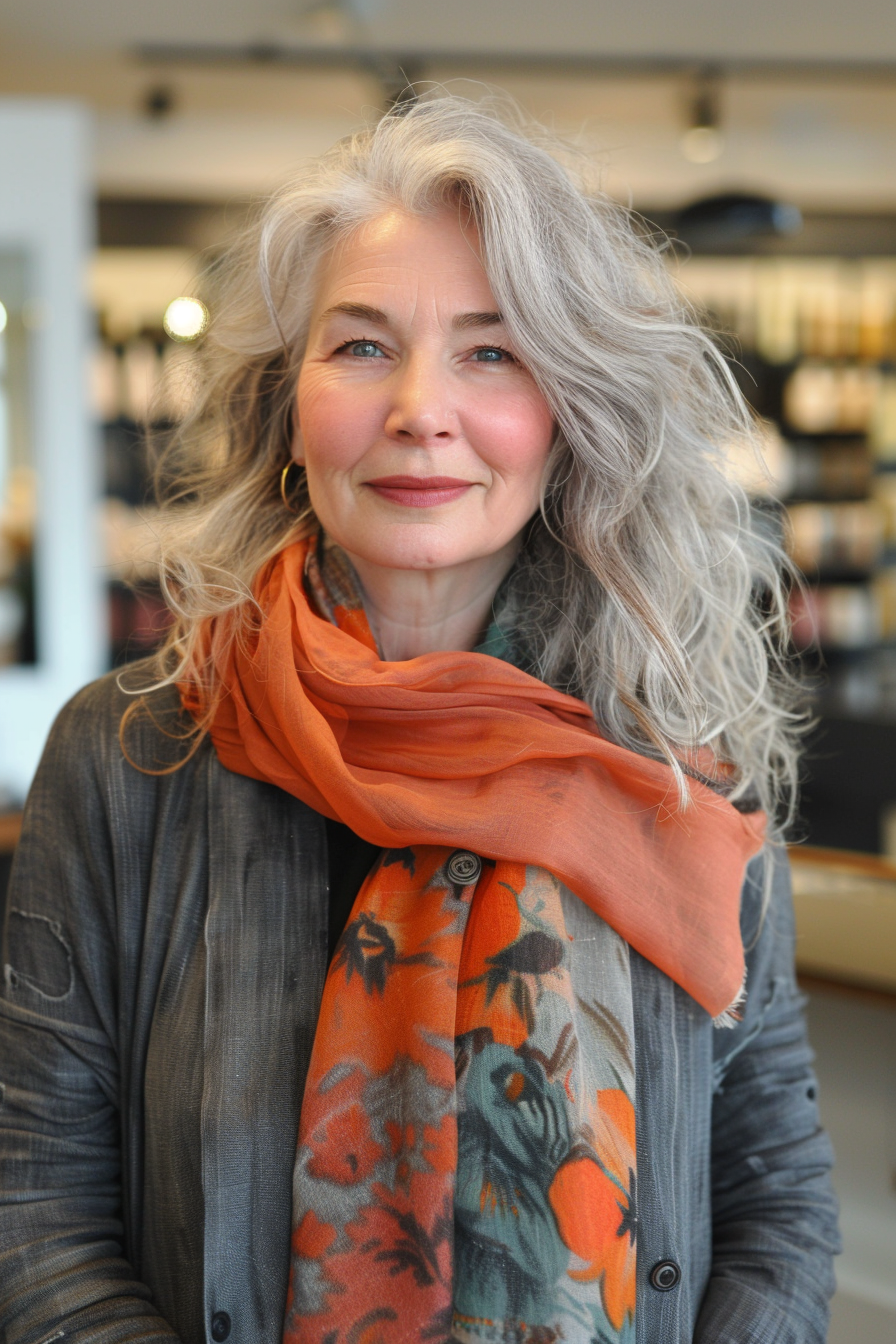 27. Vintage Vibe Long Curls with Scarf - Curly Hairstyles For Women Over 50 - Curly Hairstyles For Women Over 50