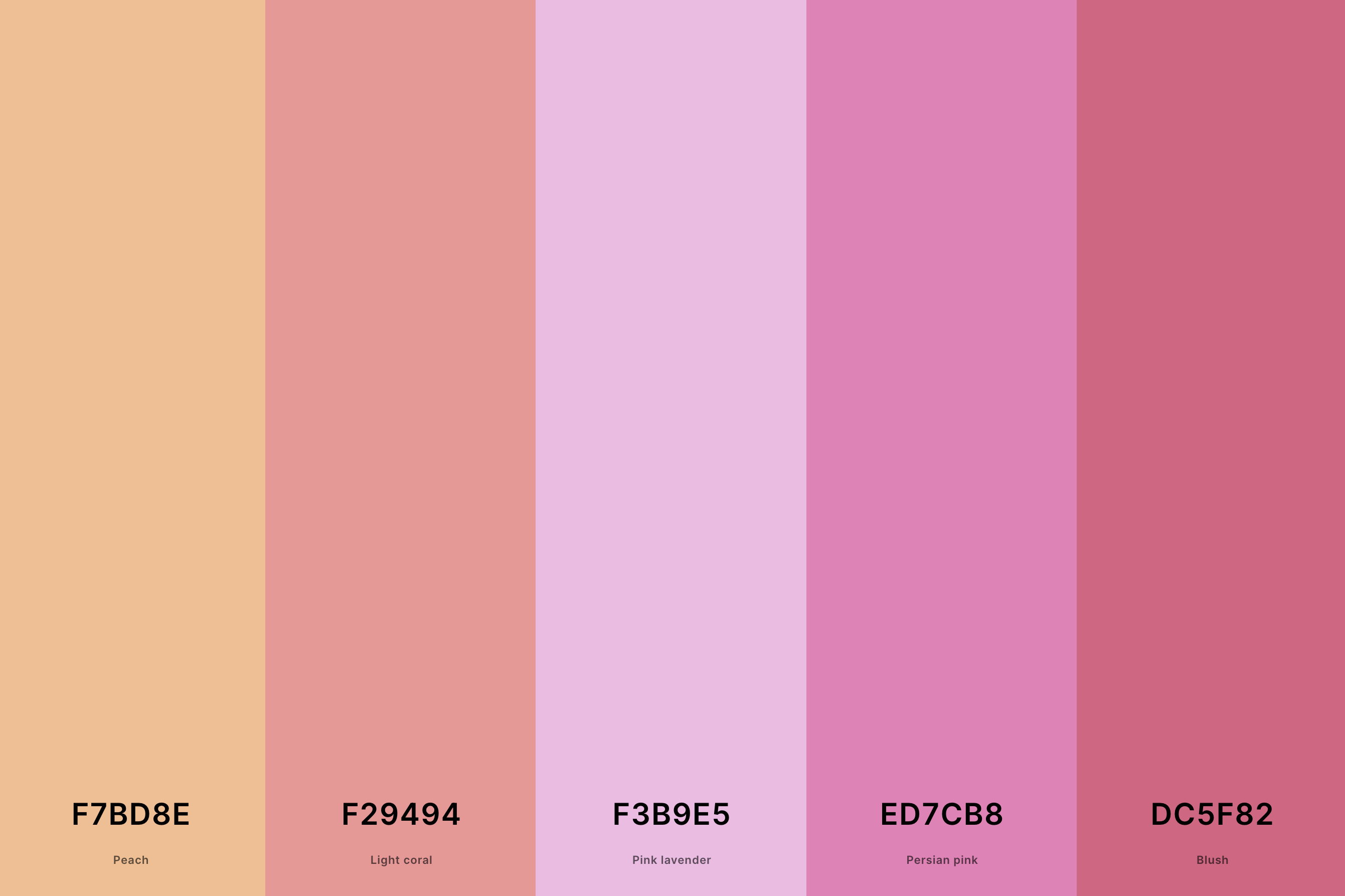 27. Warm Mauve Color Palette Color Palette with Peach (Hex #F7BD8E) + Light Coral (Hex #F29494) + Pink Lavender (Hex #F3B9E5) + Persian Pink (Hex #ED7CB8) + Blush (Hex #DC5F82) Color Palette with Hex Codes