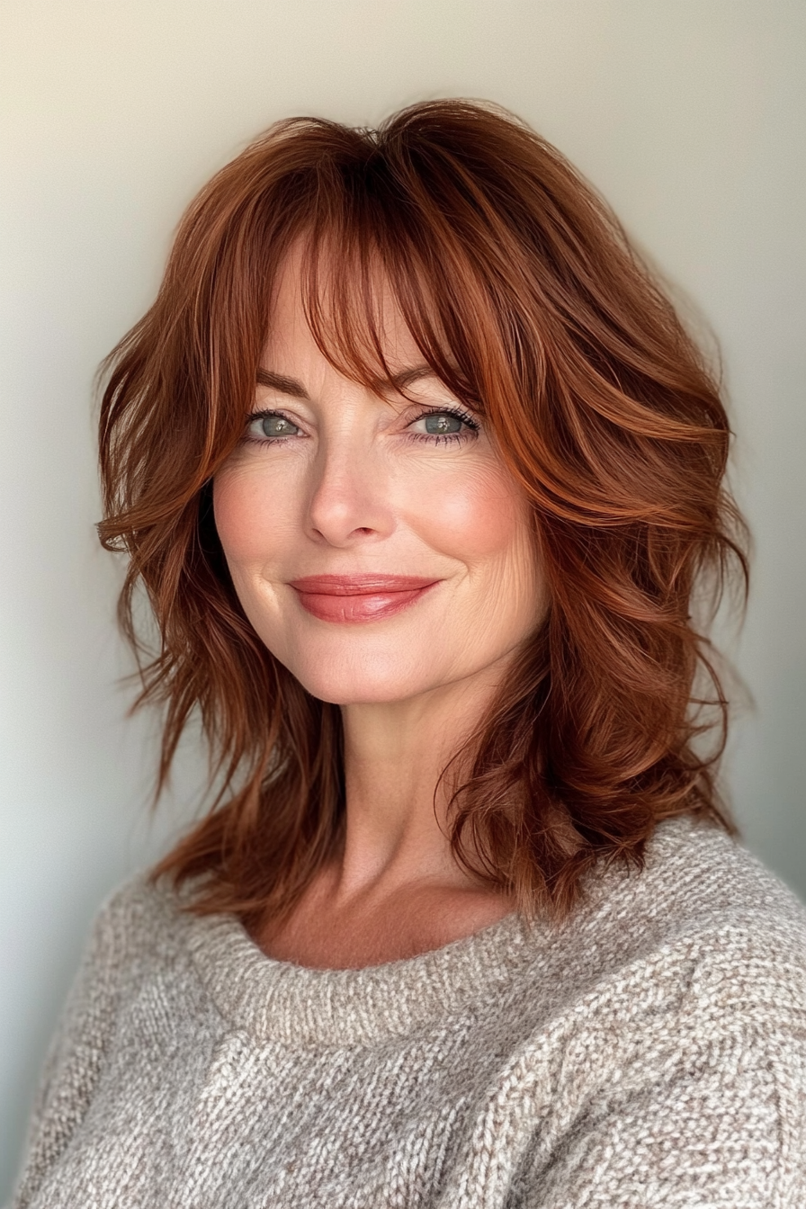 27. Wavy Shag with Curtain Bangs in Copper Red (Shoulder Length Hairstyles For Women Over 50) - Shoulder Length Hairstyles For Women Over 50