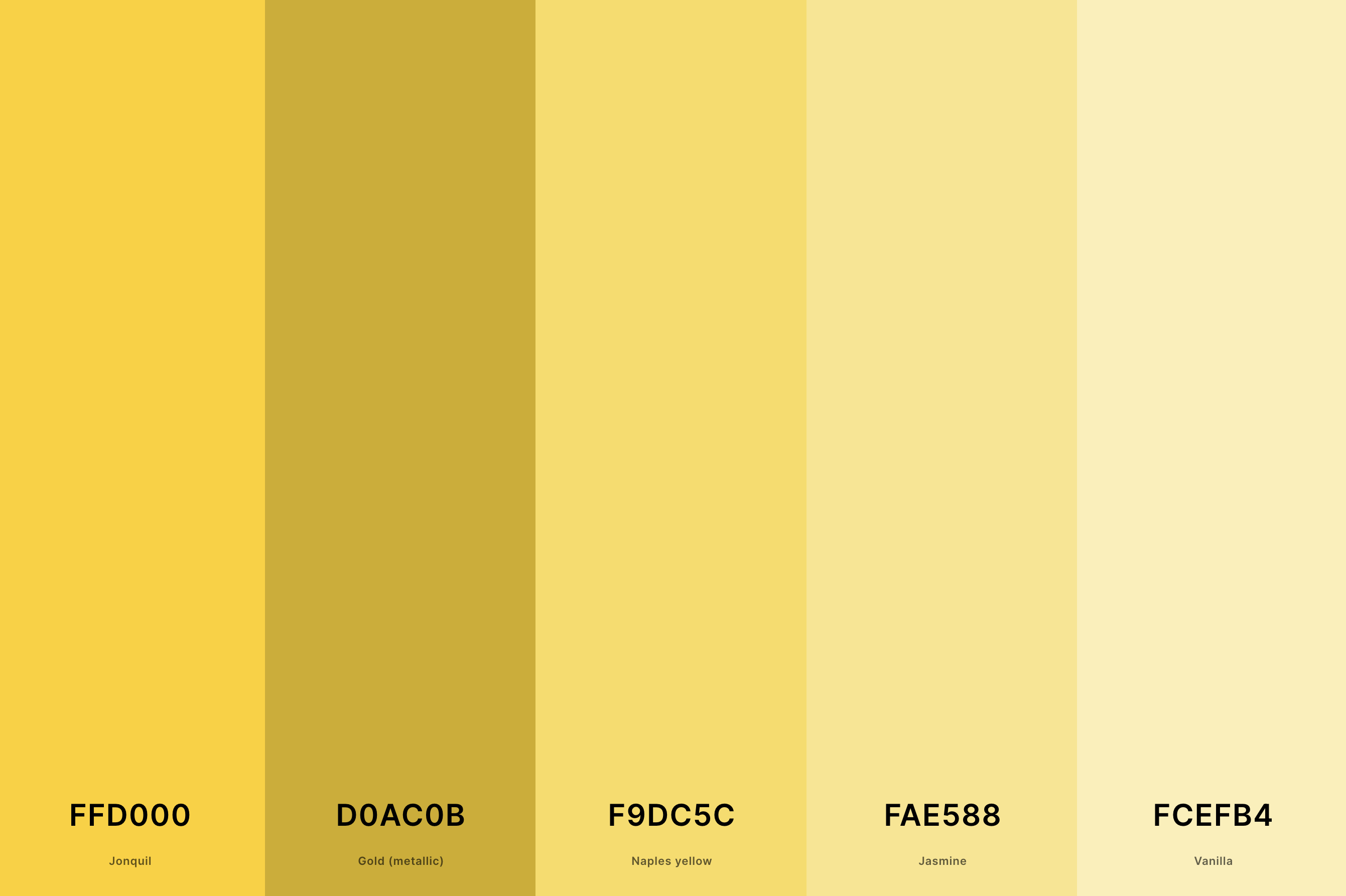 27. Yellow And Gold Color Palette Color Palette with Jonquil (Hex #FFD000) + Gold (Metallic) (Hex #D0AC0B) + Naples Yellow (Hex #F9DC5C) + Jasmine (Hex #FAE588) + Vanilla (Hex #FCEFB4) Color Palette with Hex Codes