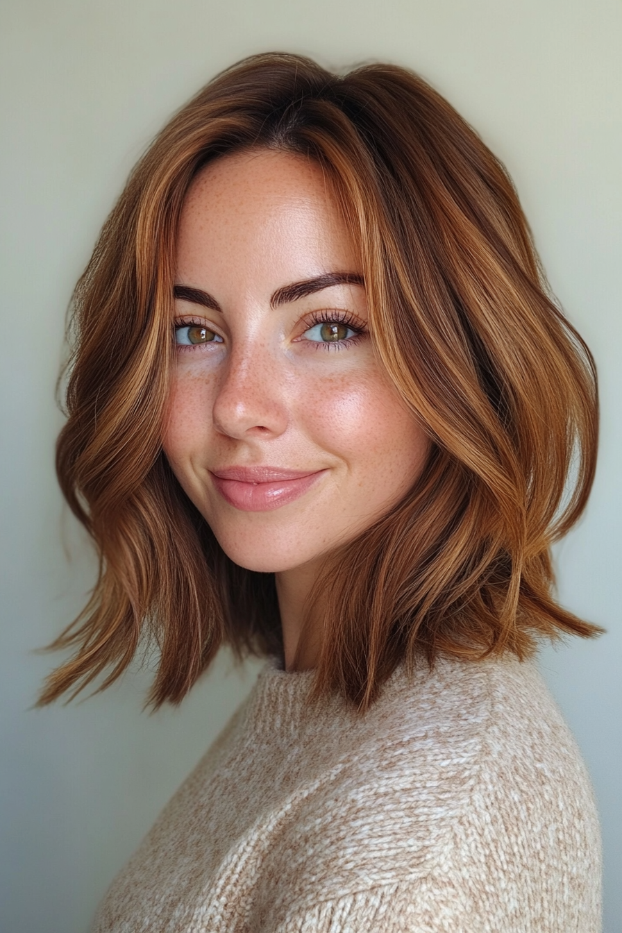 28. Shoulder-Length Cut with Side Part and Chestnut Highlights (Shoulder Length Hairstyle Ideas) - Shoulder Length Hairstyle Ideas