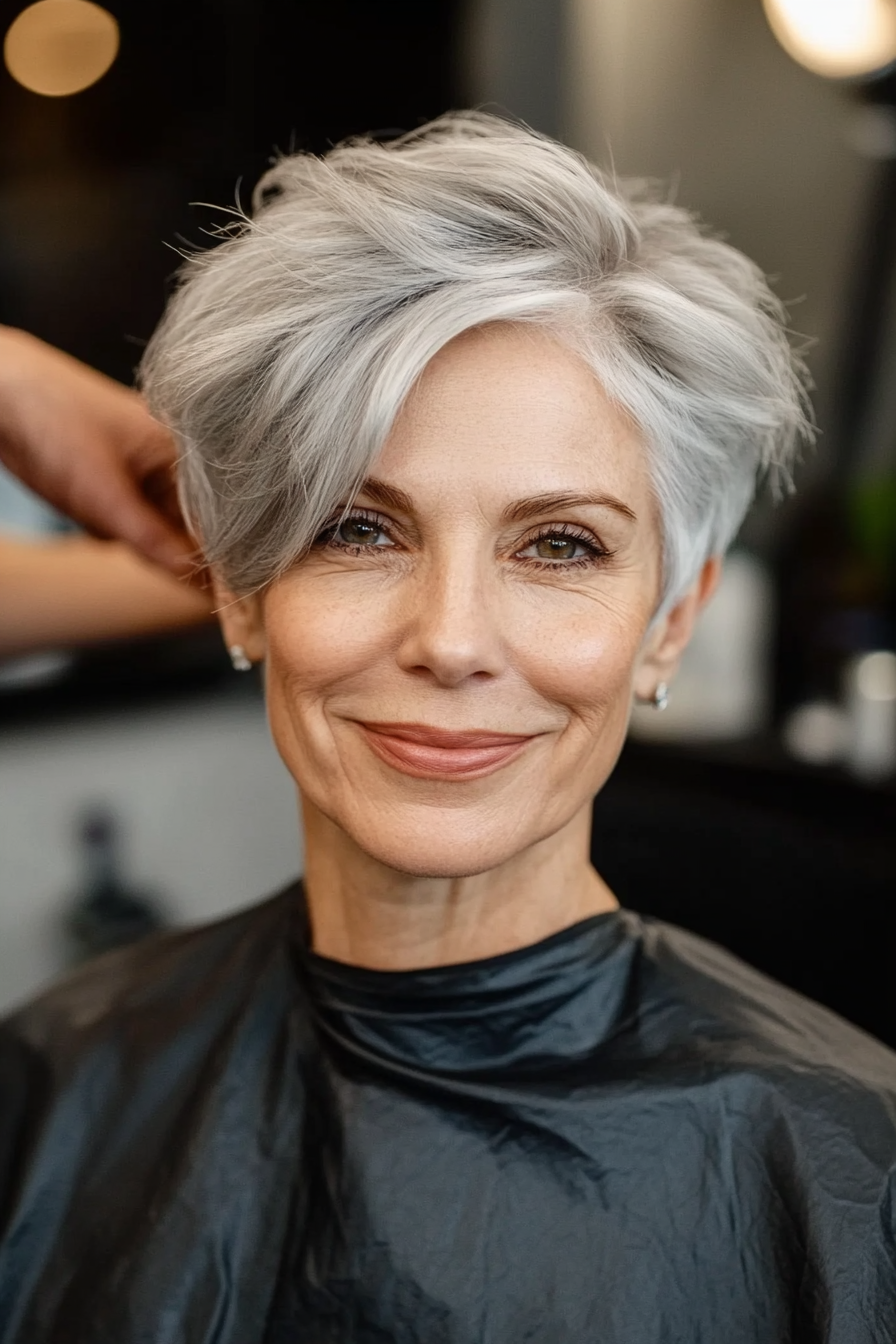 29. Sleek Silver Pixie with Long Layers for Thick Hair (Pixie Hairstyles For Older Women) - Pixie Hairstyles For Older Women