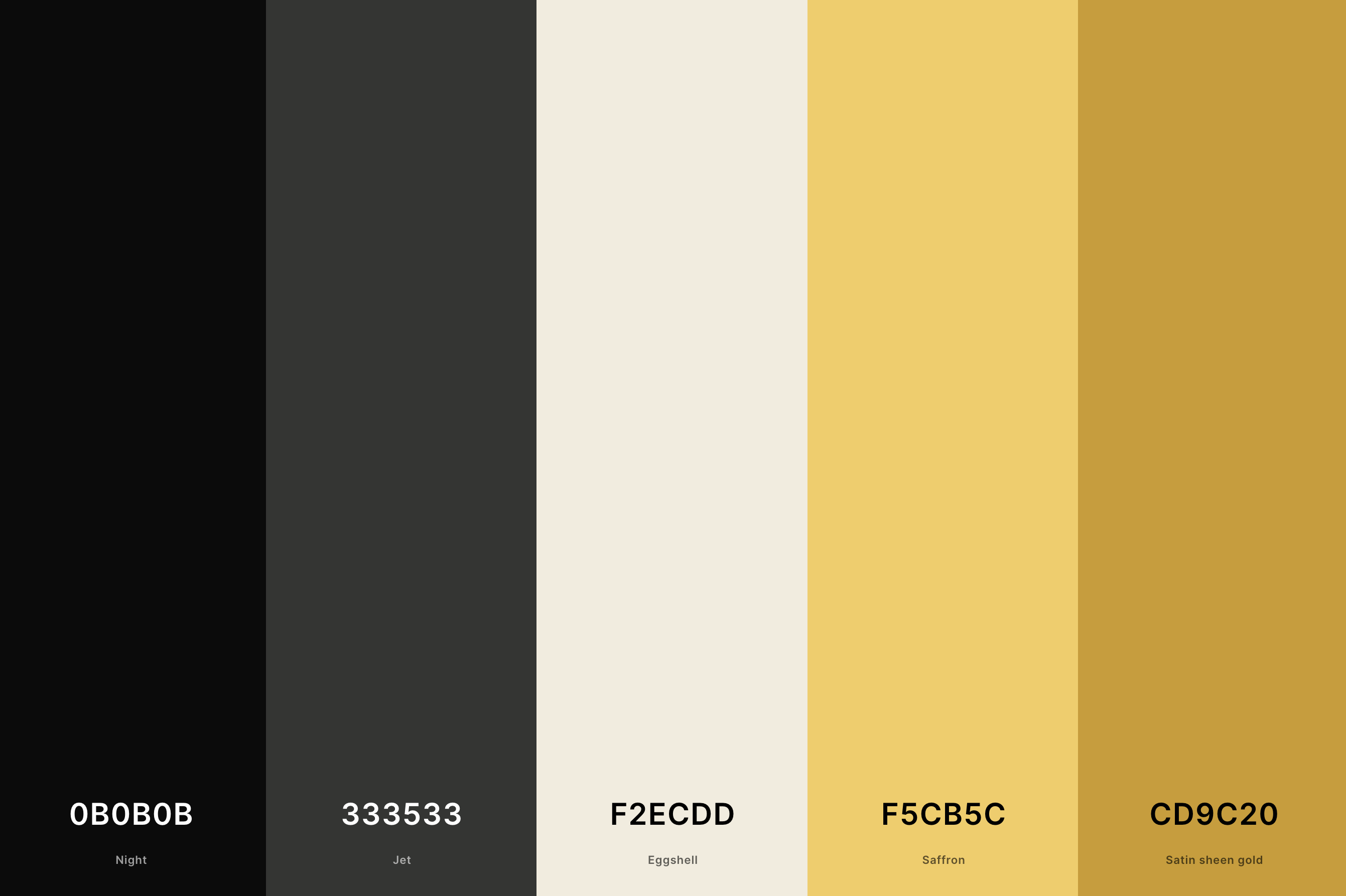 3. Black And Gold Color Palette Color Palette with Night (Hex #0B0B0B) + Jet (Hex #333533) + Eggshell (Hex #F2ECDD) + Saffron (Hex #F5CB5C) + Satin Sheen Gold (Hex #CD9C20) Color Palette with Hex Codes