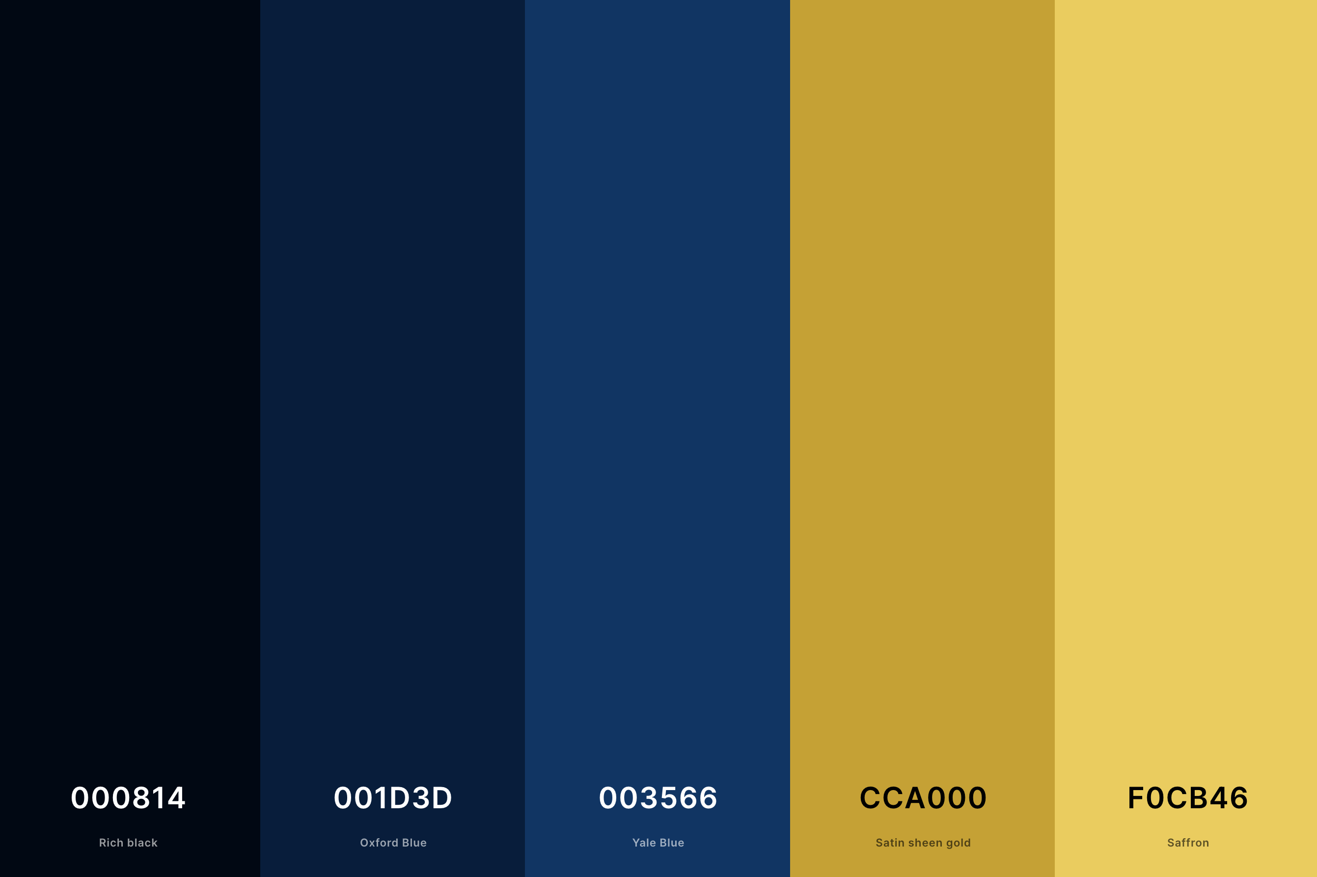 3. Blue And Gold Color Palette Color Palette with Rich Black (Hex #000814) + Oxford Blue (Hex #001D3D) + Yale Blue (Hex #003566) + Satin Sheen Gold (Hex #CCA000) + Saffron (Hex #F0CB46) Color Palette with Hex Codes