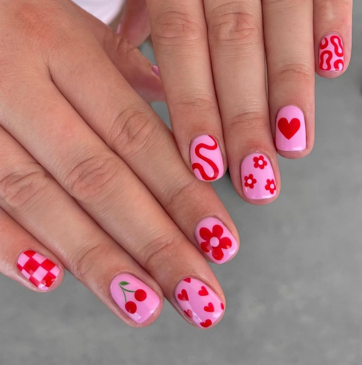 3. Cherry Pop and Love Blooms Nail Art (Nail Ideas for Short Nails)