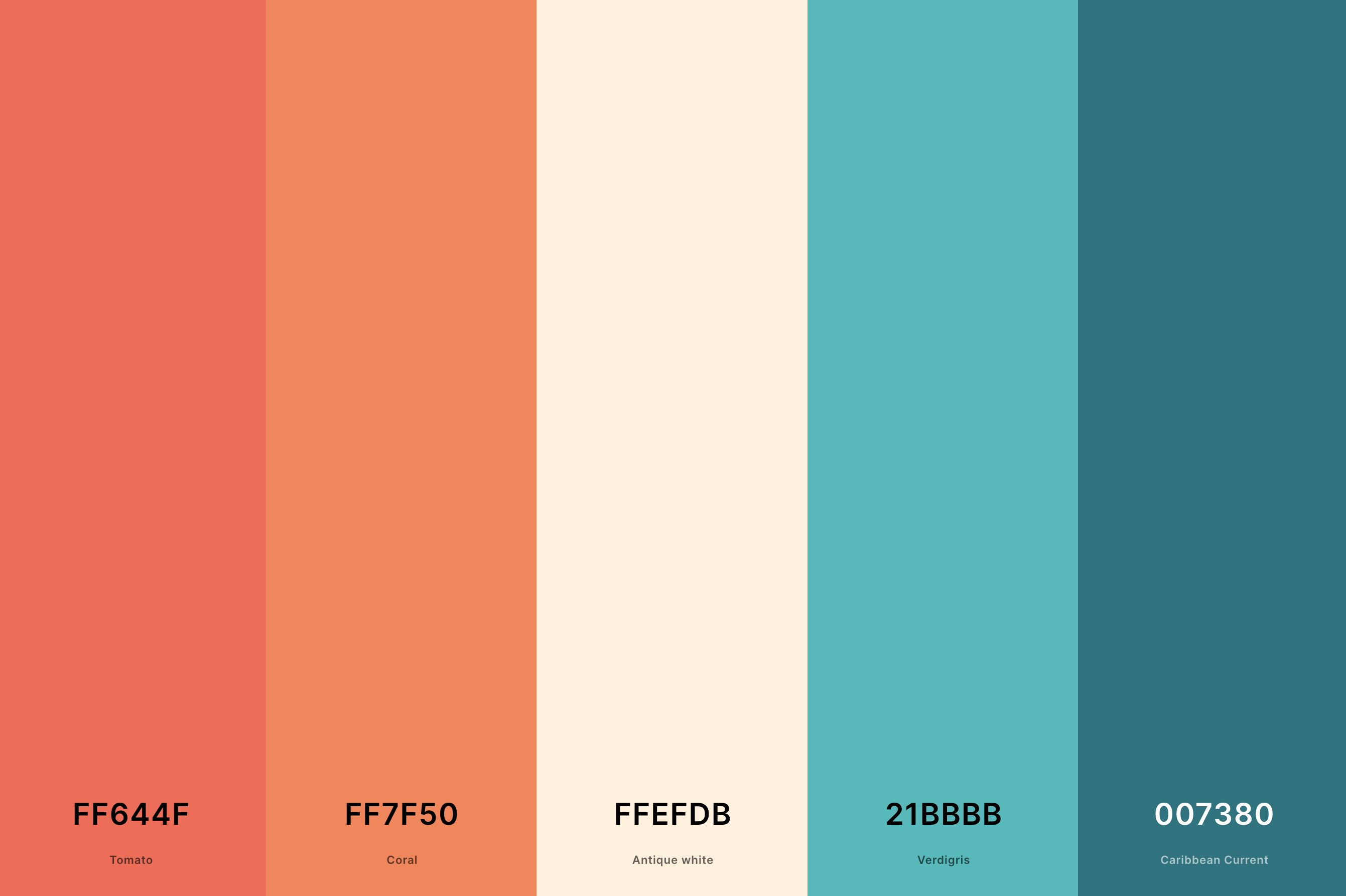 3. Coral And Teal Color Palette Color Palette with Tomato (Hex #FF644F) + Coral (Hex #FF7F50) + Antique White (Hex #FFEFDB) + Verdigris (Hex #21BBBB) + Caribbean Current (Hex #007380) Color Palette with Hex Codes