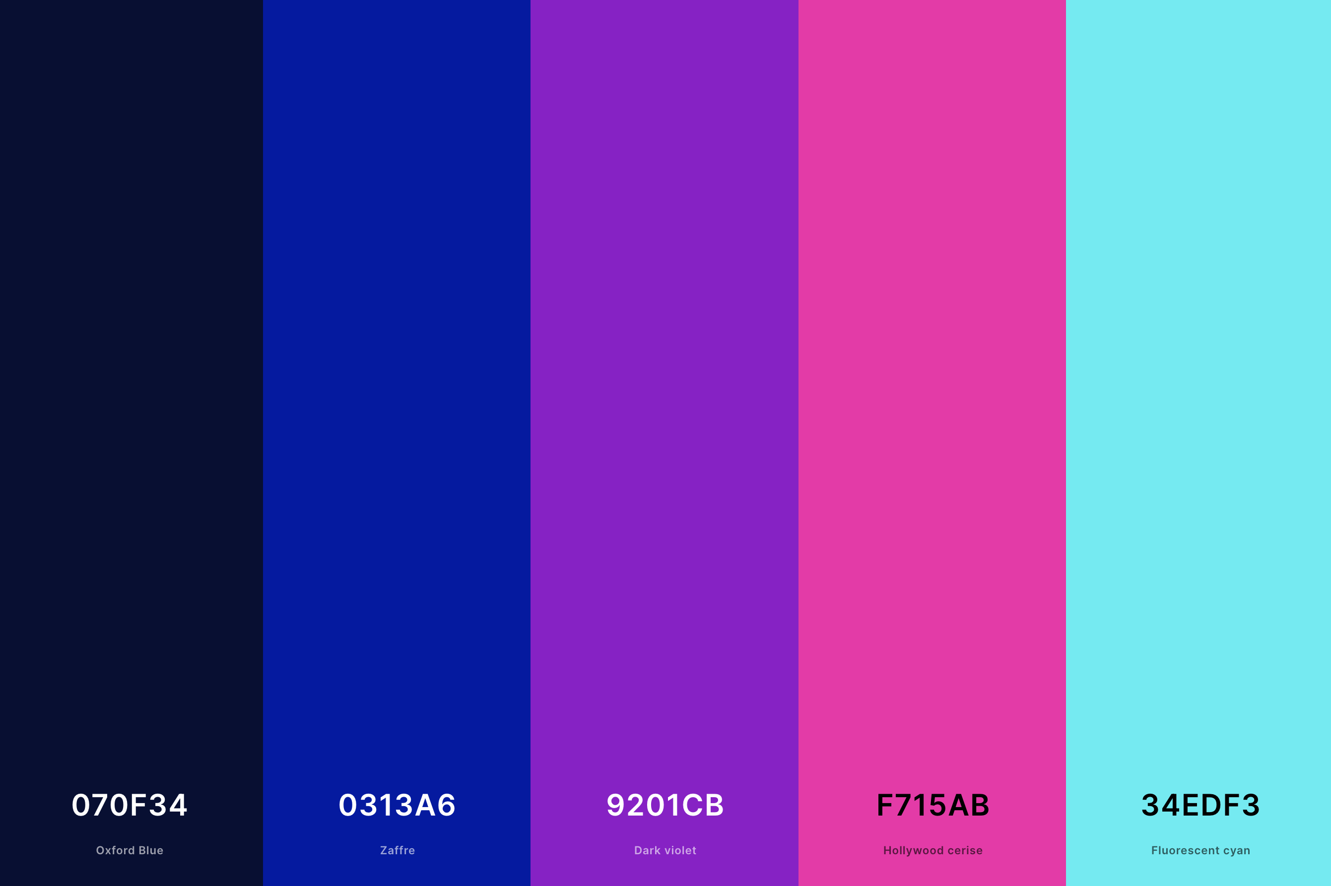 3. Cyberpunk Neon Color Palette Color Palette with Oxford Blue (Hex #070F34) + Zaffre (Hex #0313A6) + Dark Violet (Hex #9201CB) + Hollywood Cerise (Hex #F715AB) + Fluorescent Cyan (Hex #34EDF3) Color Palette with Hex Codes