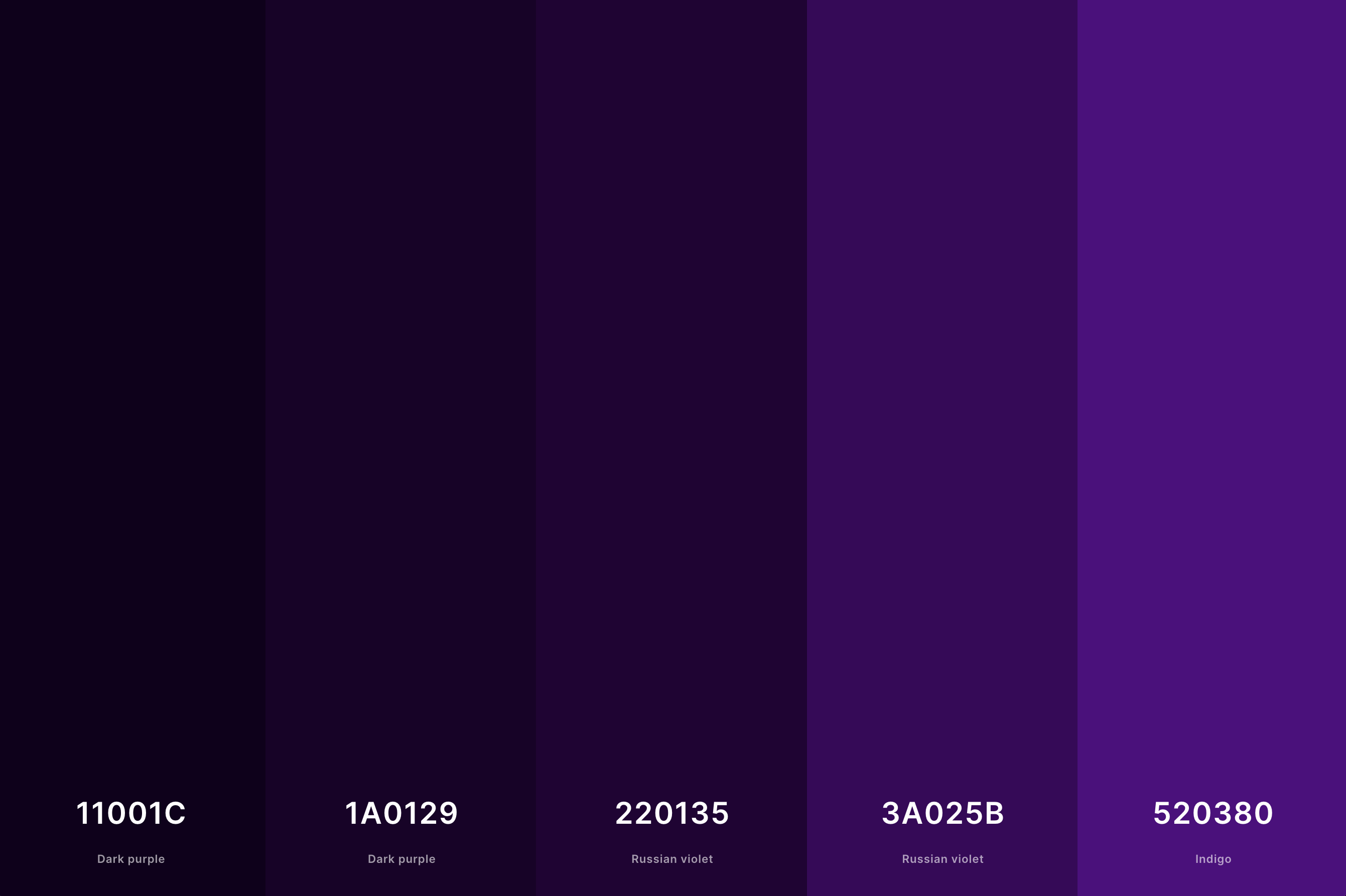 3. Dark Purple Color Palette Color Palette with Dark Purple (Hex #11001C) + Dark Purple (Hex #1A0129) + Russian Violet (Hex #220135) + Russian Violet (Hex #3A025B) + Indigo (Hex #520380) Color Palette with Hex Codes