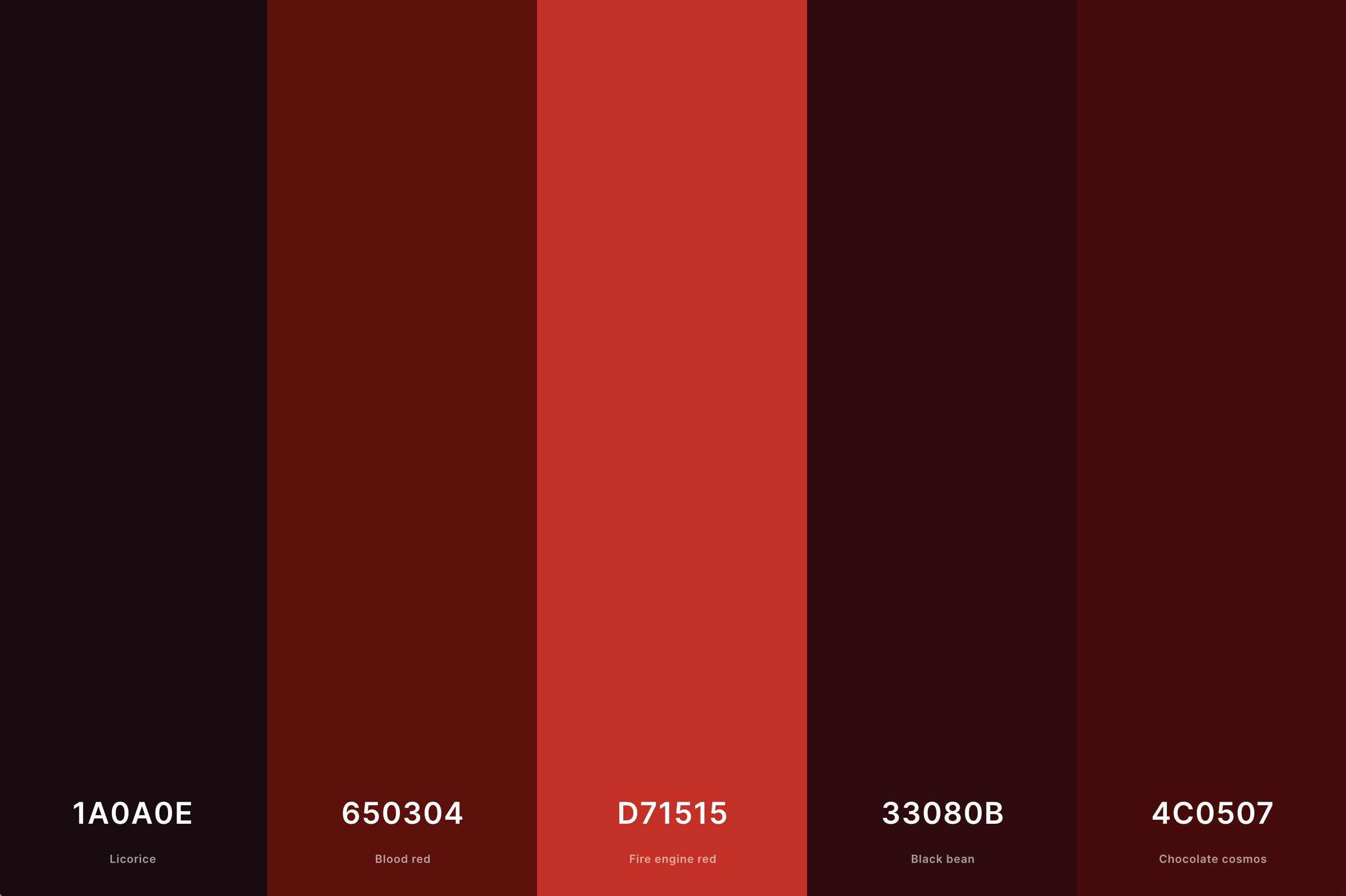 3. Dark Red Color Palette Color Palette with Licorice (Hex #1A0A0E) + Blood Red (Hex #650304) + Fire Engine Red (Hex #D71515) + Black Bean (Hex #33080B) + Chocolate Cosmos (Hex #4C0507) Color Palette with Hex Codes
