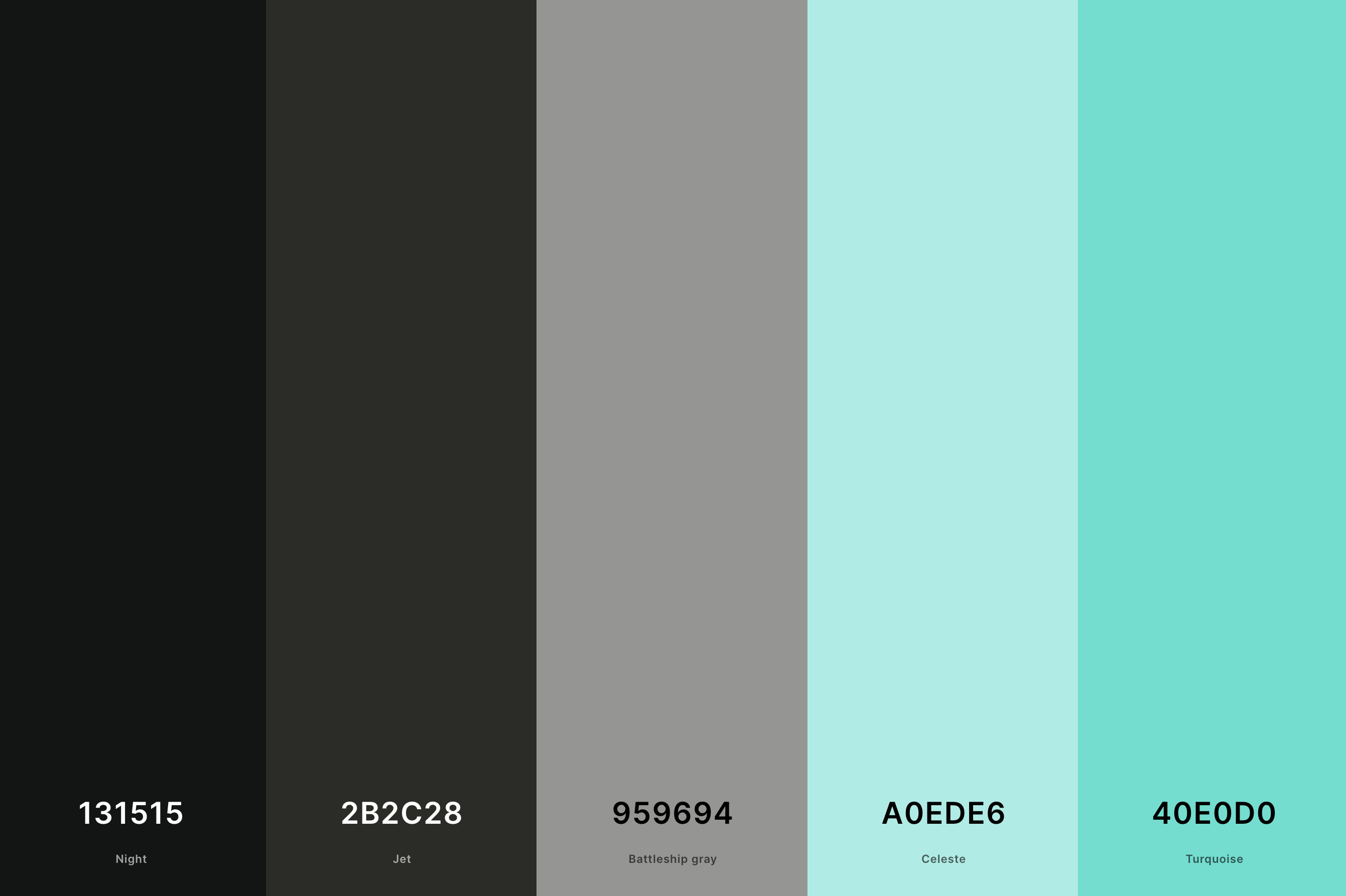 3. Gray And Turquoise Color Palette Color Palette with Night (Hex #131515) + Jet (Hex #2B2C28) + Battleship Gray (Hex #959694) + Celeste (Hex #A0EDE6) + Turquoise (Hex #40E0D0) Color Palette with Hex Codes