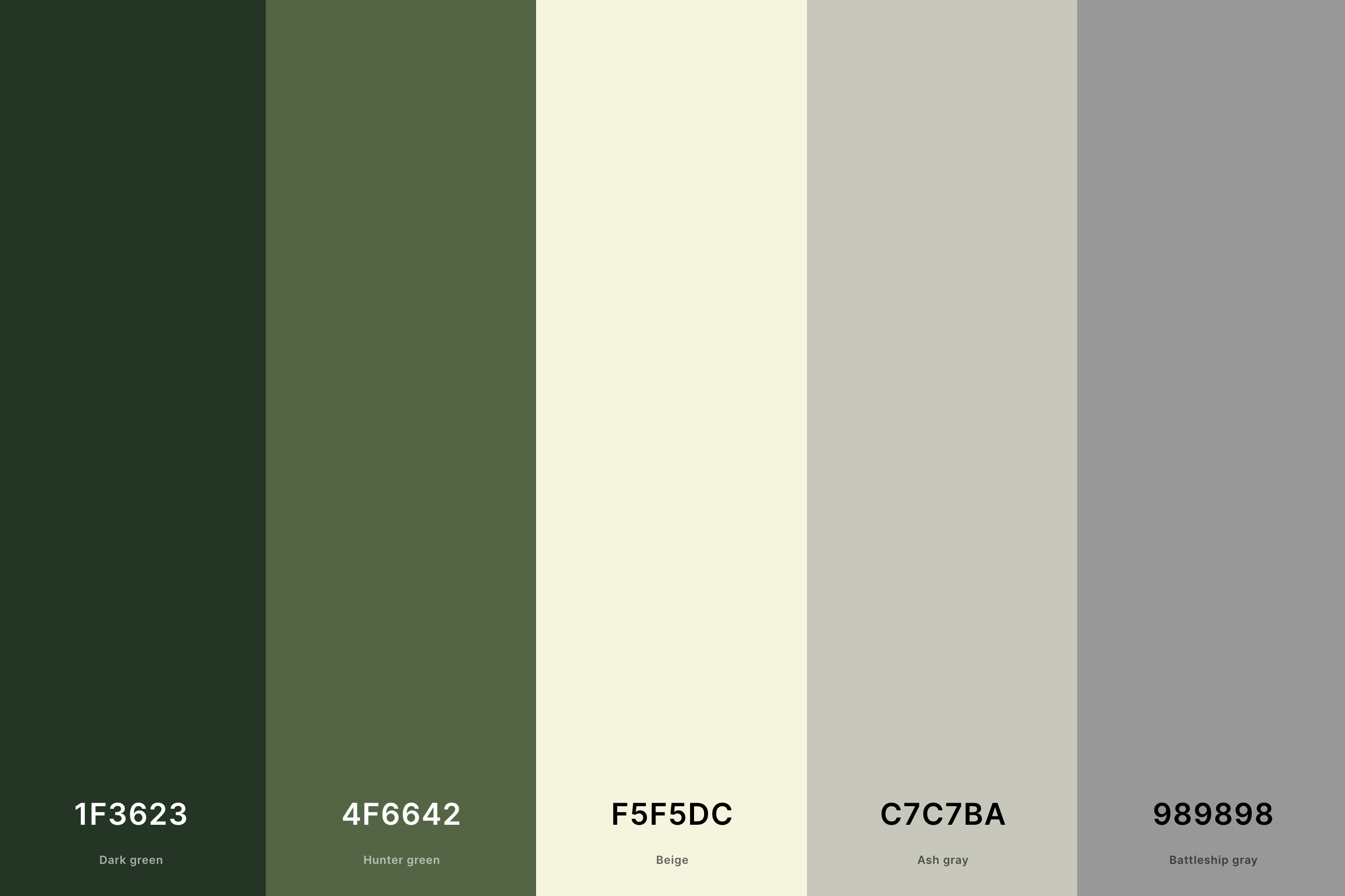 3. Green And Beige Color Palette Color Palette with Dark Green (Hex #1F3623) + Hunter Green (Hex #4F6642) + Beige (Hex #F5F5DC) + Ash Gray (Hex #C7C7BA) + Battleship Gray (Hex #989898) Color Palette with Hex Codes