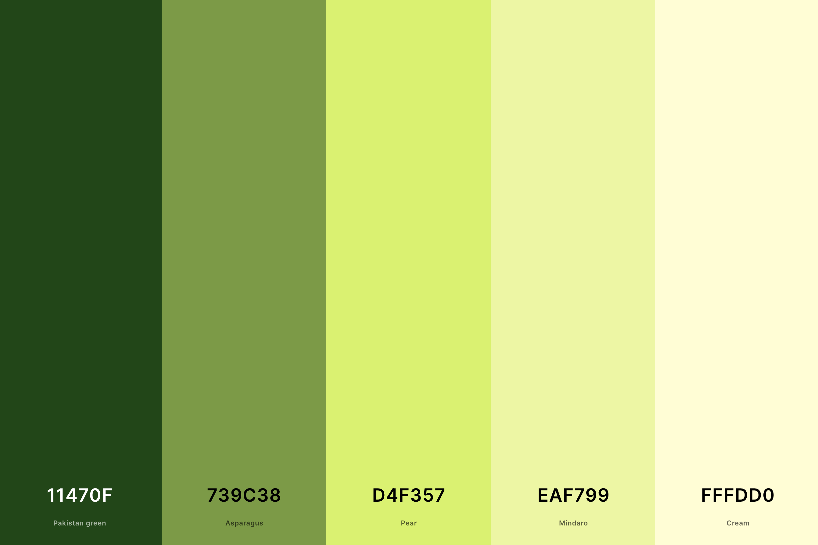 3. Green And Cream Color Palette Color Palette with Pakistan Green (Hex #11470F) + Asparagus (Hex #739C38) + Pear (Hex #D4F357) + Mindaro (Hex #EAF799) + Cream (Hex #FFFDD0) Color Palette with Hex Codes