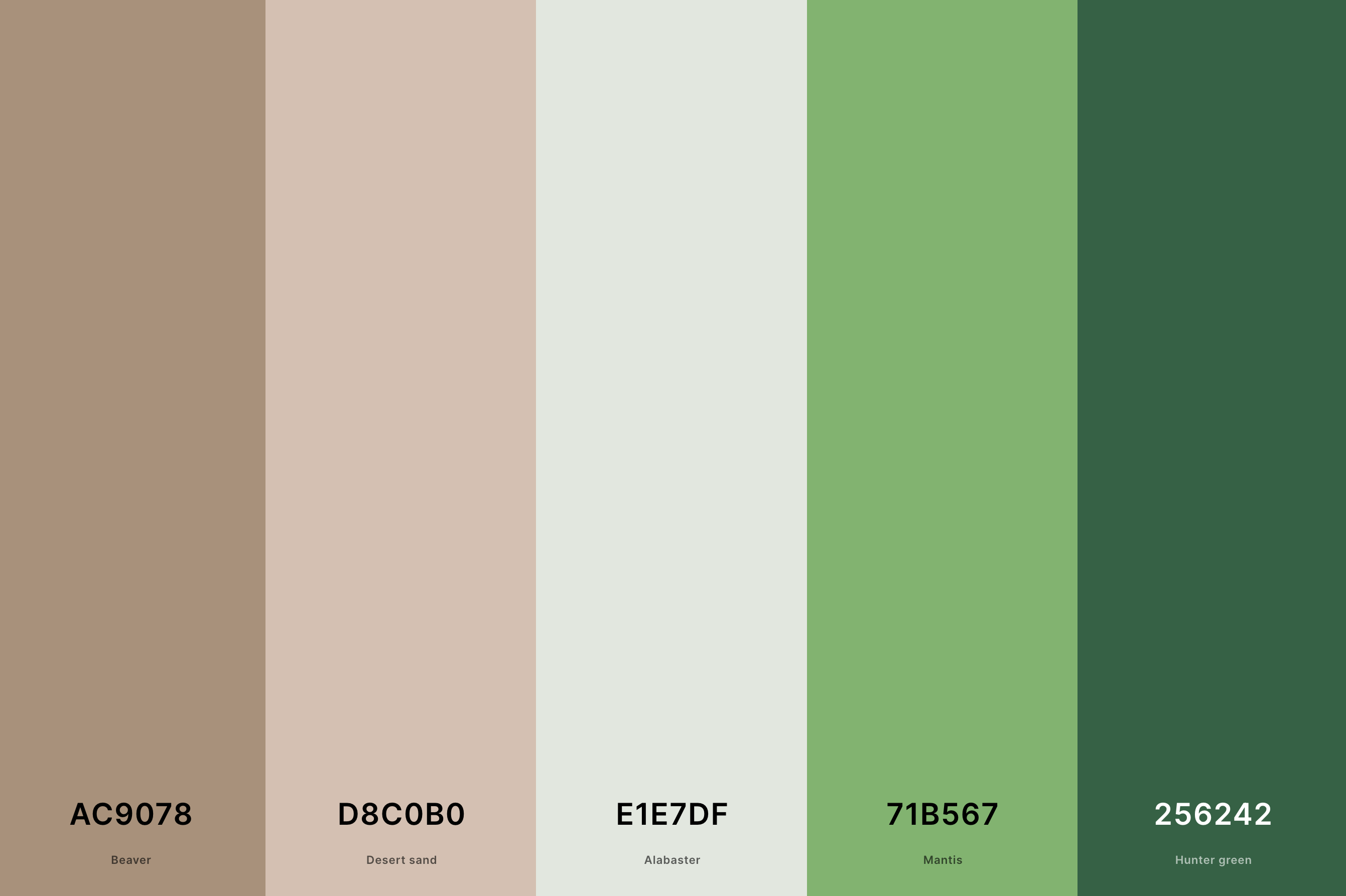 3. Green And Tan Color Palette Color Palette with Beaver (Hex #AC9078) + Desert Sand (Hex #D8C0B0) + Alabaster (Hex #E1E7DF) + Mantis (Hex #71B567) + Hunter Green (Hex #256242) Color Palette with Hex Codes