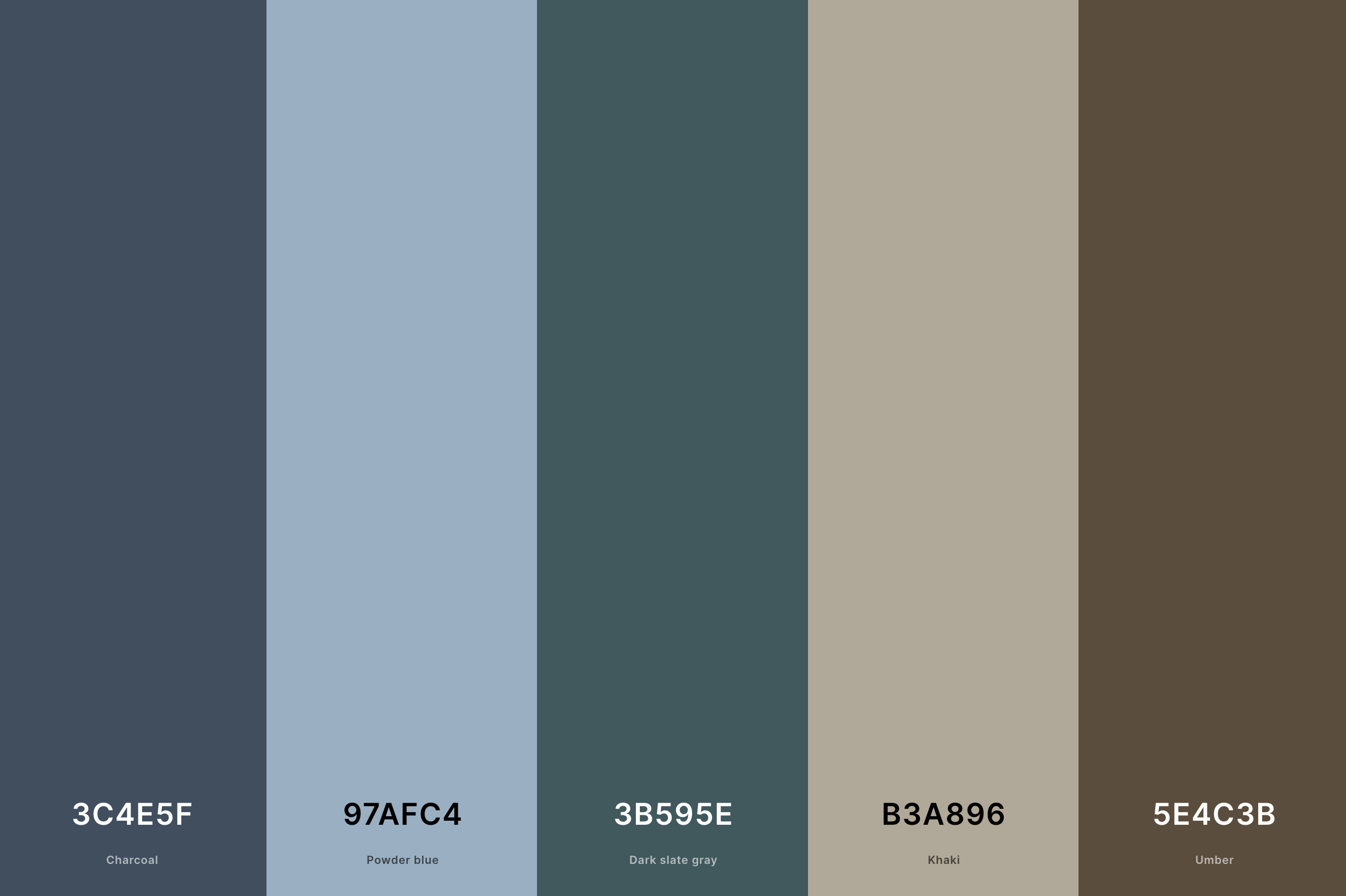 3. Indigo Batik Color Palette Color Palette with Charcoal (Hex #3C4E5F) + Powder Blue (Hex #97AFC4) + Dark Slate Gray (Hex #3B595E) + Khaki (Hex #B3A896) + Umber (Hex #5E4C3B) Color Palette with Hex Codes