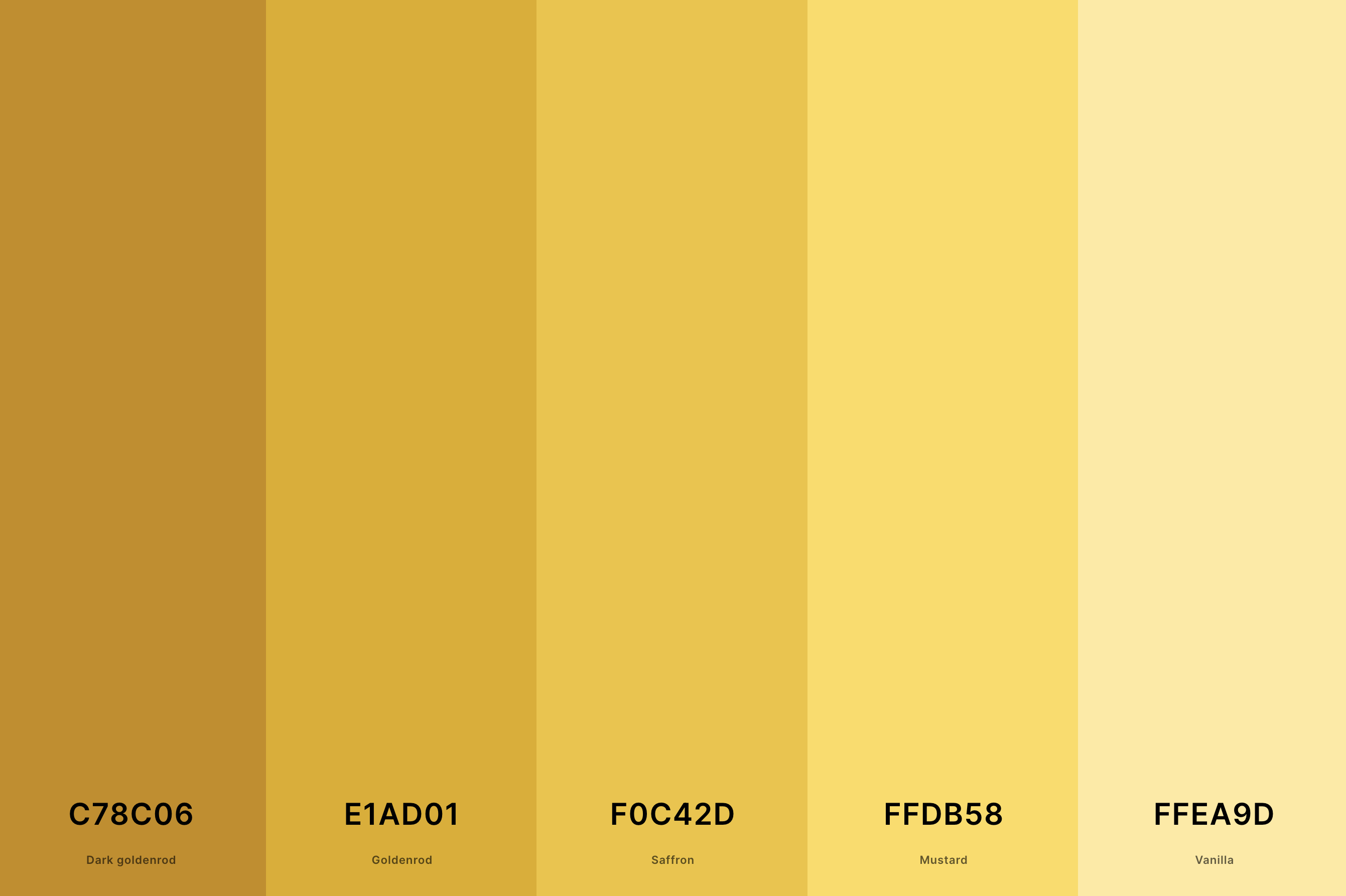 3. Mustard Yellow Color Palette Color Palette with Dark Goldenrod (Hex #C78C06) + Goldenrod (Hex #E1AD01) + Saffron (Hex #F0C42D) + Mustard (Hex #FFDB58) + Vanilla (Hex #FFEA9D) Color Palette with Hex Codes
