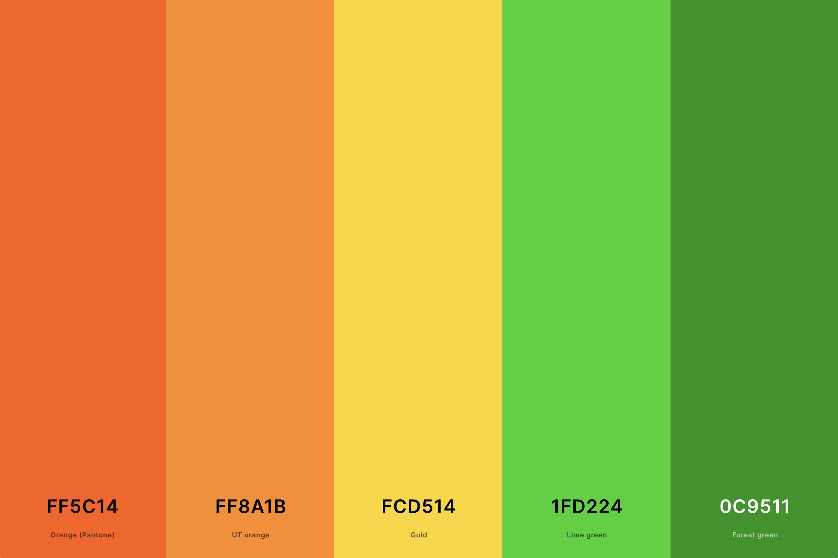 3. Orange And Green Color Palette Color Palette with Orange (Pantone) (Hex #FF5C14) + Ut Orange (Hex #FF8A1B) + Gold (Hex #FCD514) + Lime Green (Hex #1FD224) + Forest Green (Hex #0C9511) Color Palette with Hex Codes