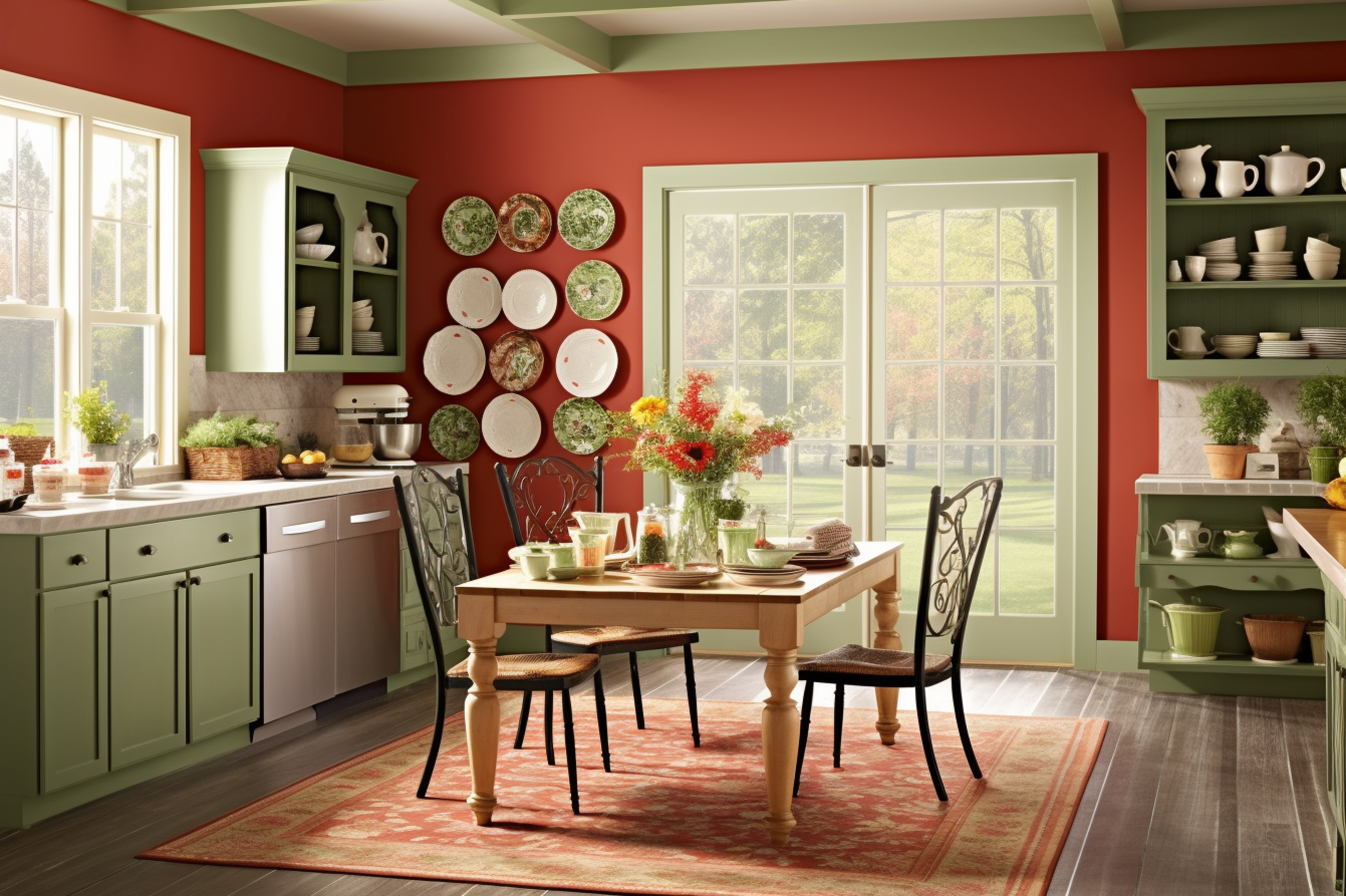 3. Red and Green Color Scheme - Country Style Kitchen