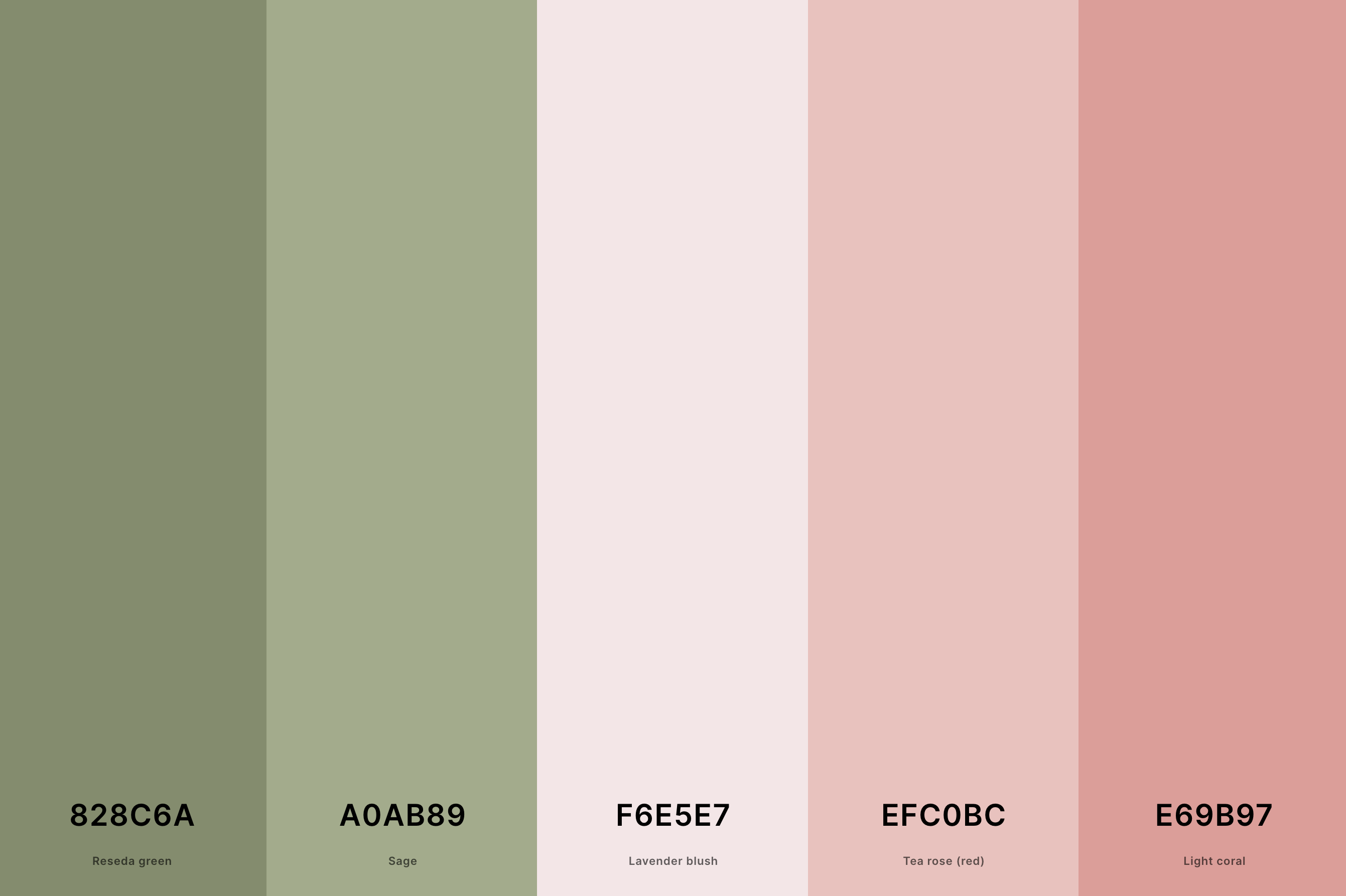 3. Sage Green And Blush Color Palette Color Palette with Reseda Green (Hex #828C6A) + Sage (Hex #A0AB89) + Lavender Blush (Hex #F6E5E7) + Tea Rose (Red) (Hex #EFC0BC) + Light Coral (Hex #E69B97) Color Palette with Hex Codes