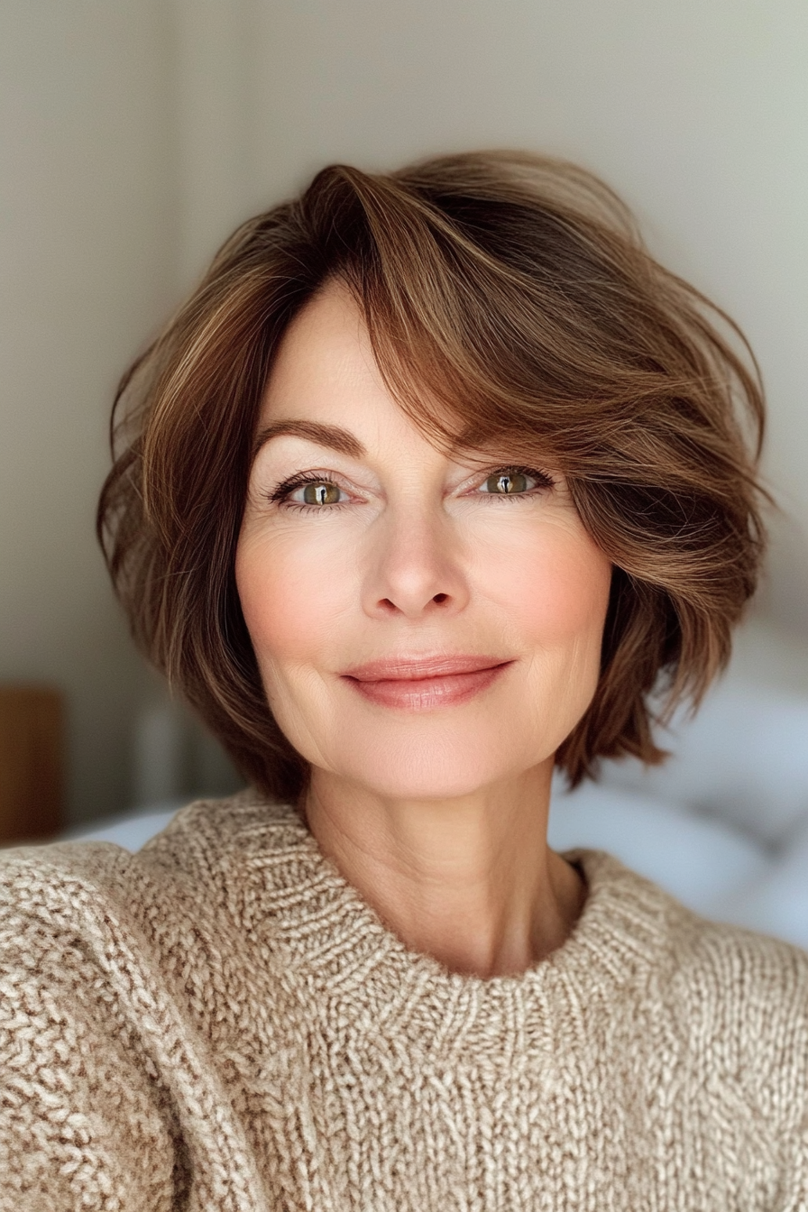 3. Soft Layered Bob with Side-Swept Bangs in Warm Chestnut (Bob Hairstyles For Older Women) - Bob Hairstyles For Older Women