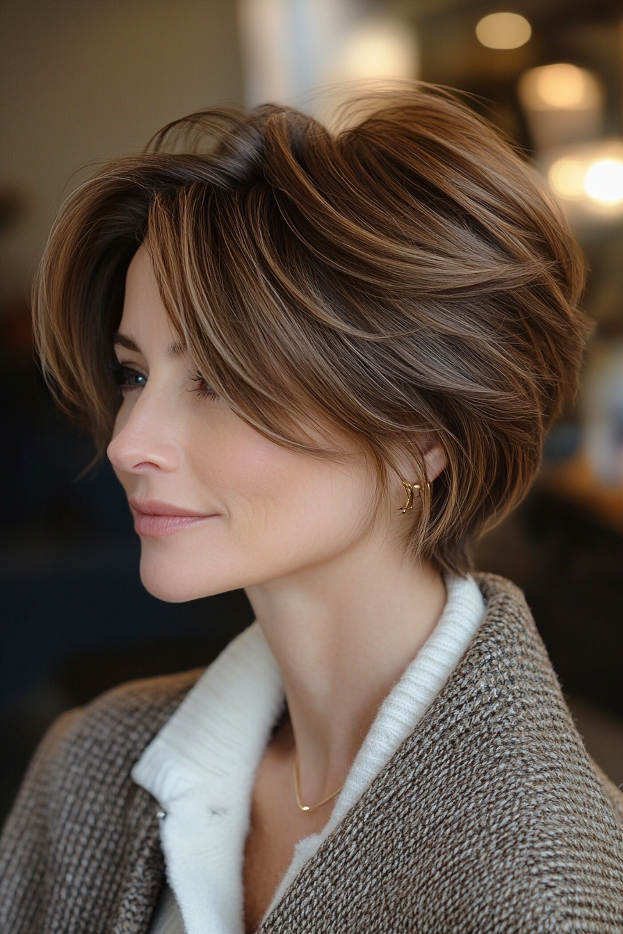 3. Soft Layered Crop in Warm Chestnut Brown (Chic Short Hairstyles For Women Over 40) - Chic Short Hairstyles For Women Over 40